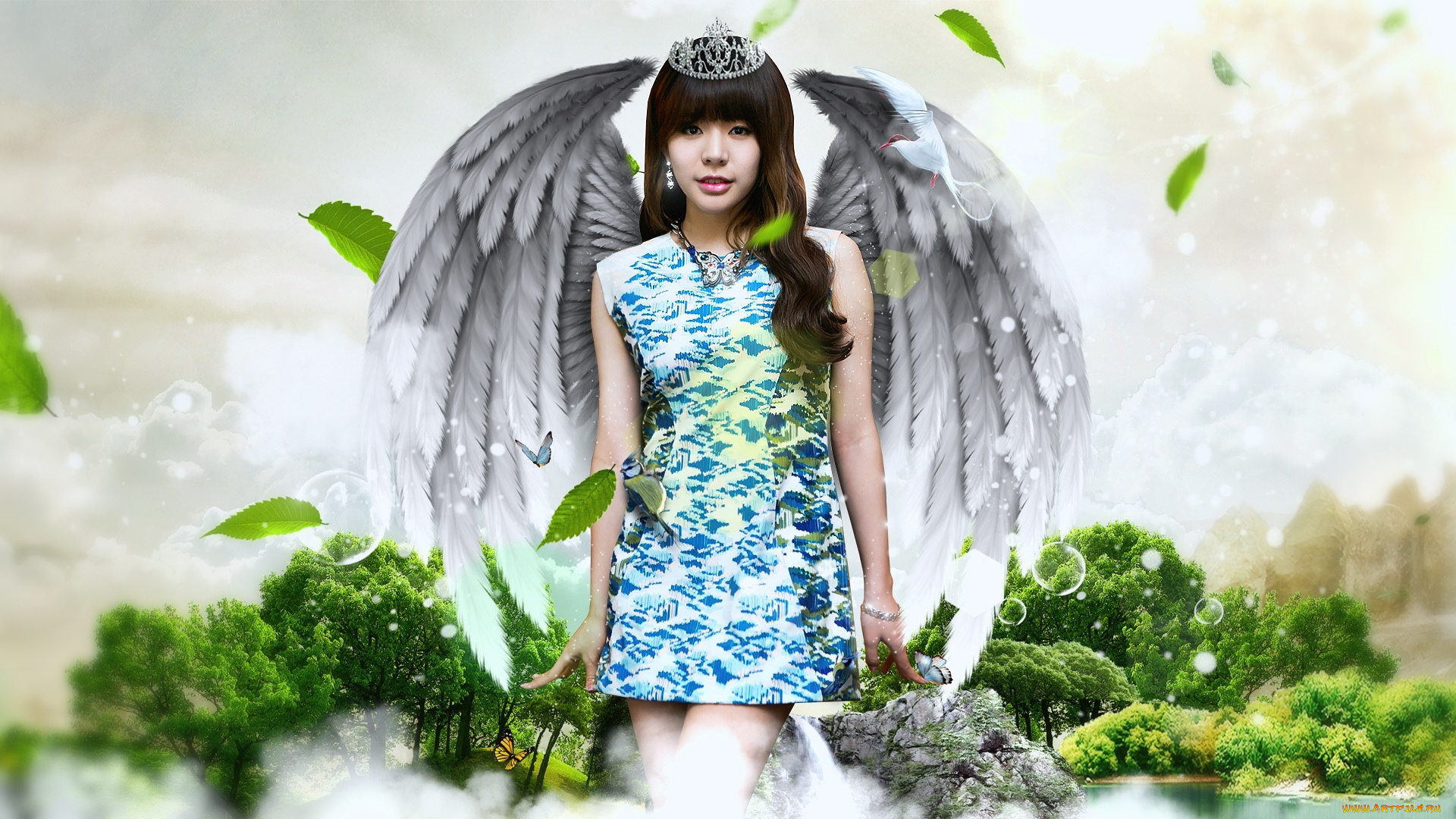 разное, компьютерный, дизайн, бабочки, птичка, корона, деревья, листья, крылья, взгляд, азиатка, девушка