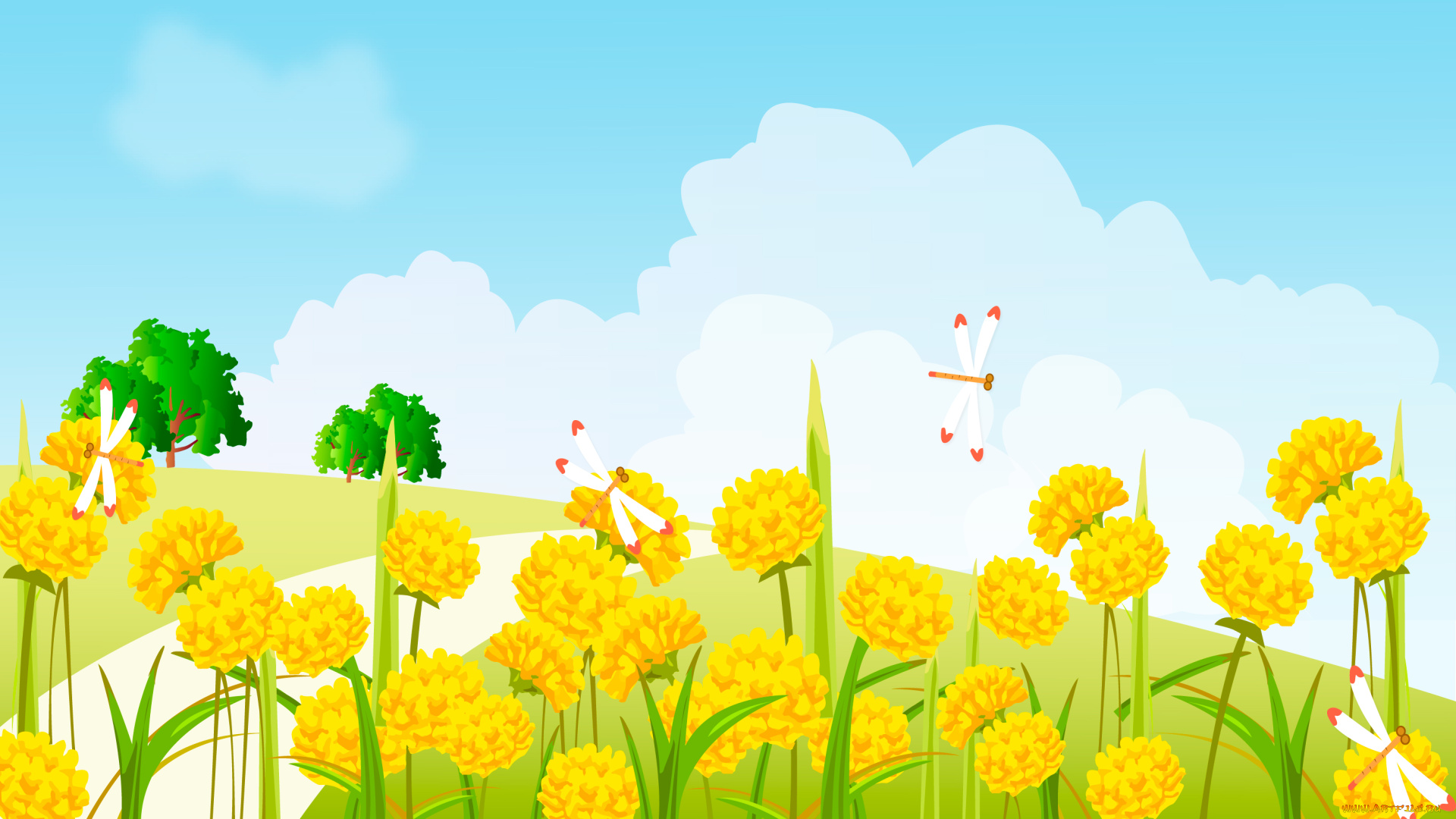 векторная, графика, стрекозы, цветы, облака, небо, поляна, деревья