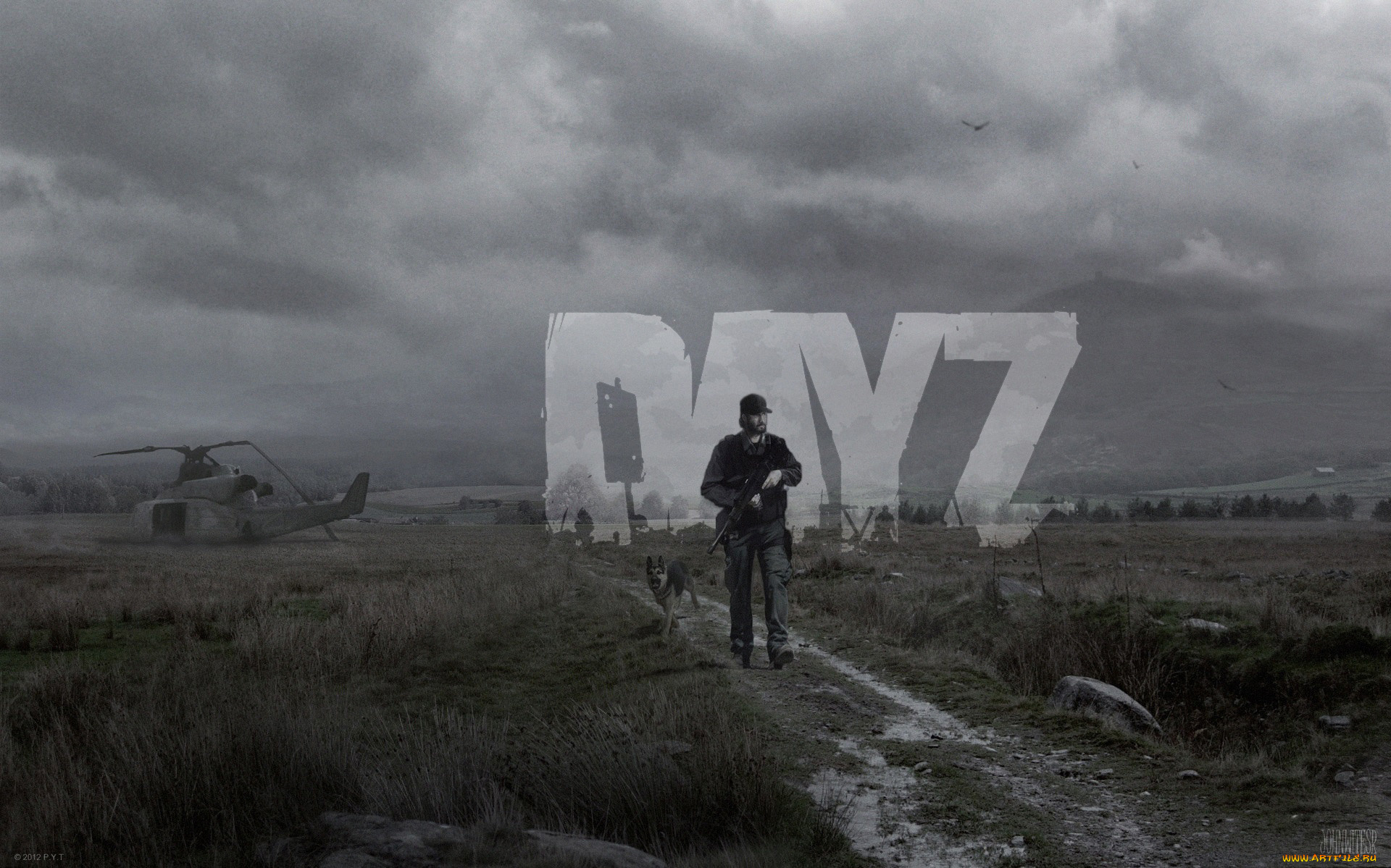 dayz, видео, игры, dayz, standalone, дорога, небо, человек, heli, crash, вертолет, собака, зомби, zombie, standalone, поле, day, z, серое