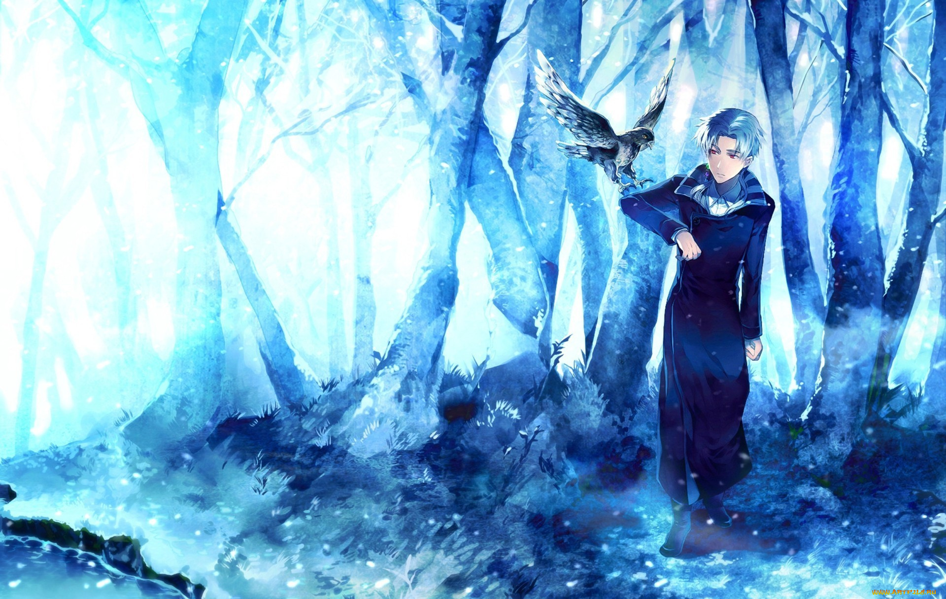 аниме, -animals, деревья, лес, зима, парень, арт, птица
