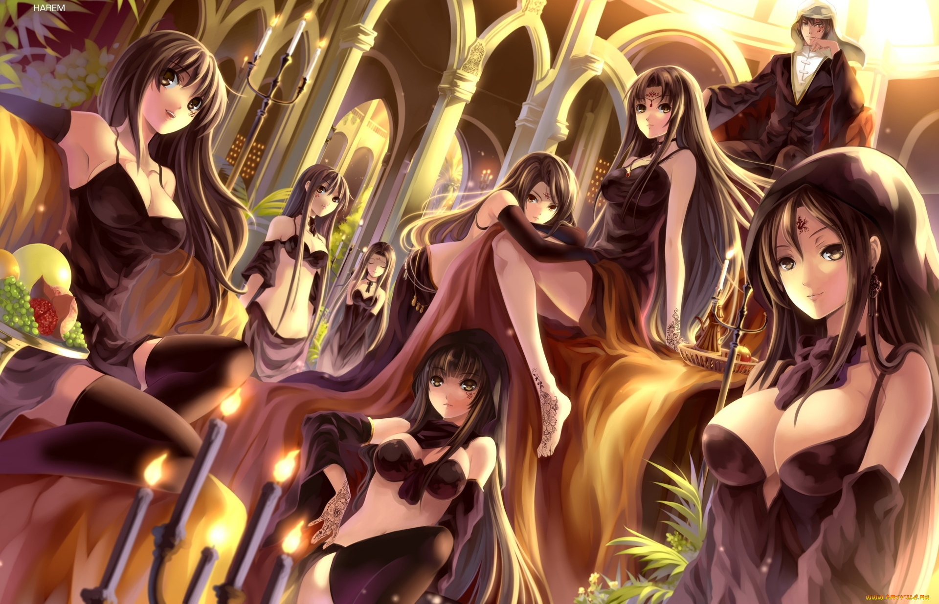 аниме, mikeou, парень, девушки, myhilary, art, гарем, свечи, фрукты, улыбки, взгляд