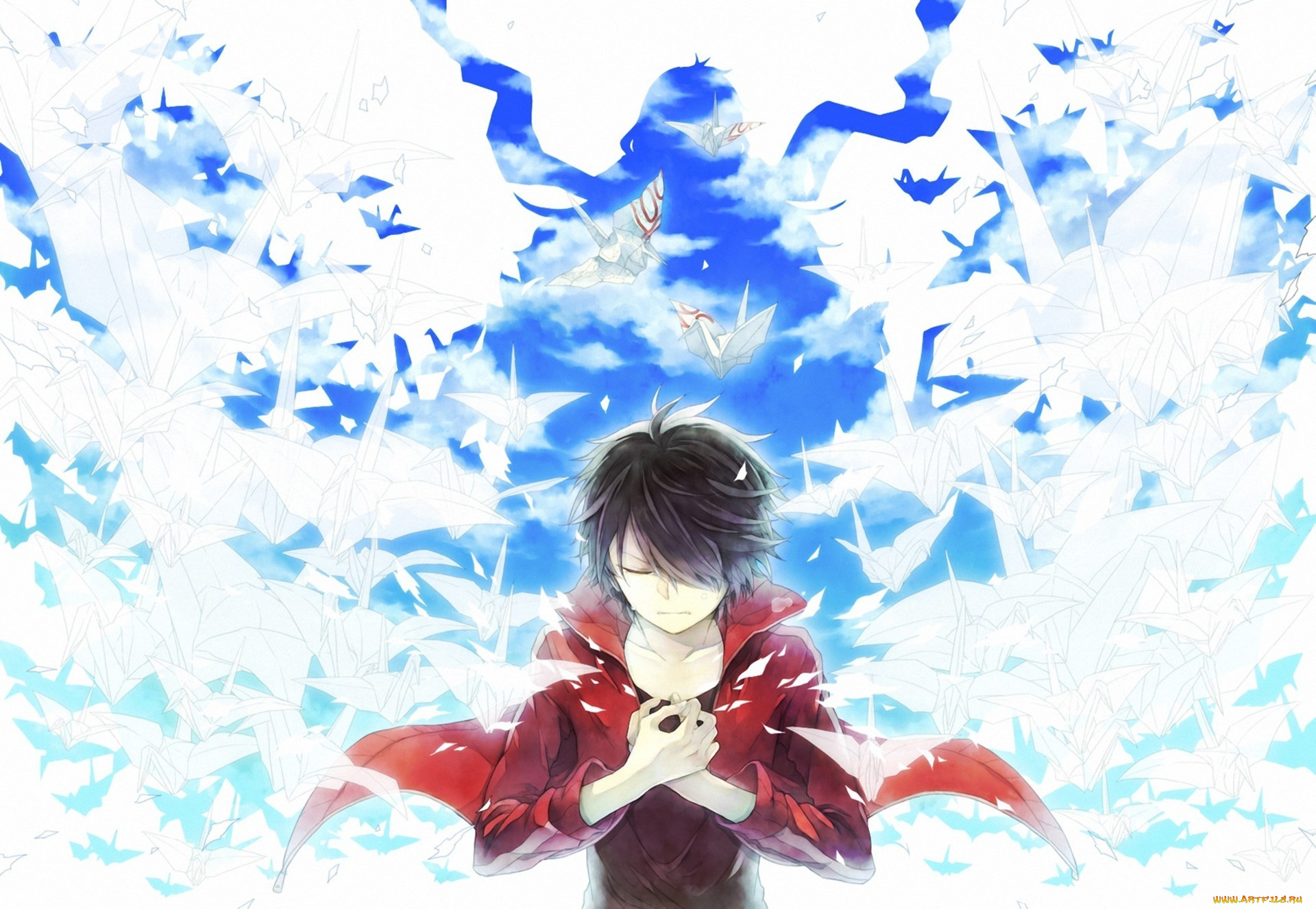 аниме, vocaloid, парень, оригами, птицы