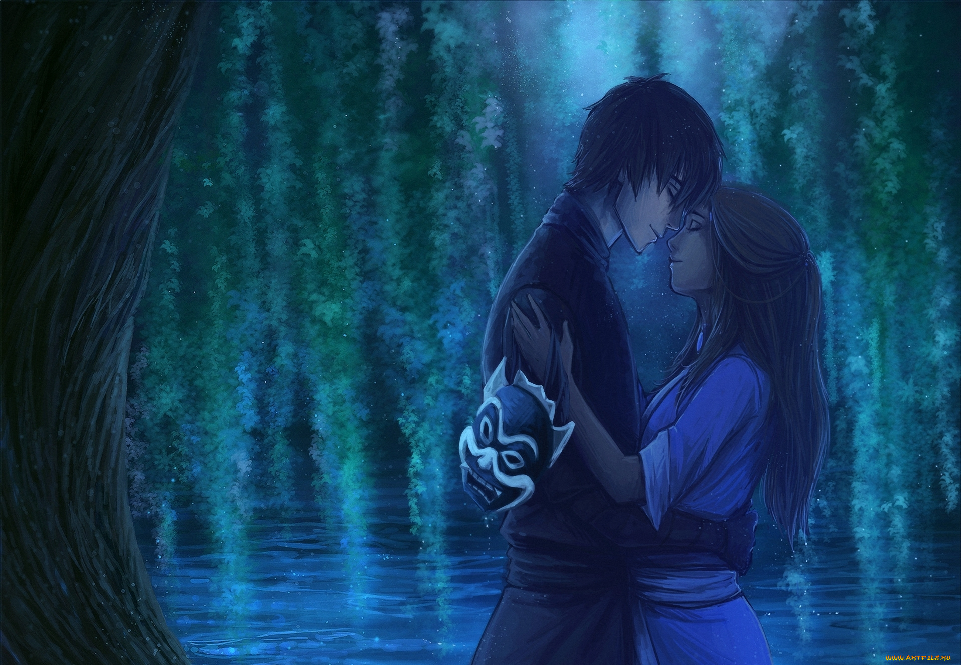 аниме, avatar, , the, last, airbender, арт, zuko, katara, девушка, парень, маска, вода, дерево, ночь