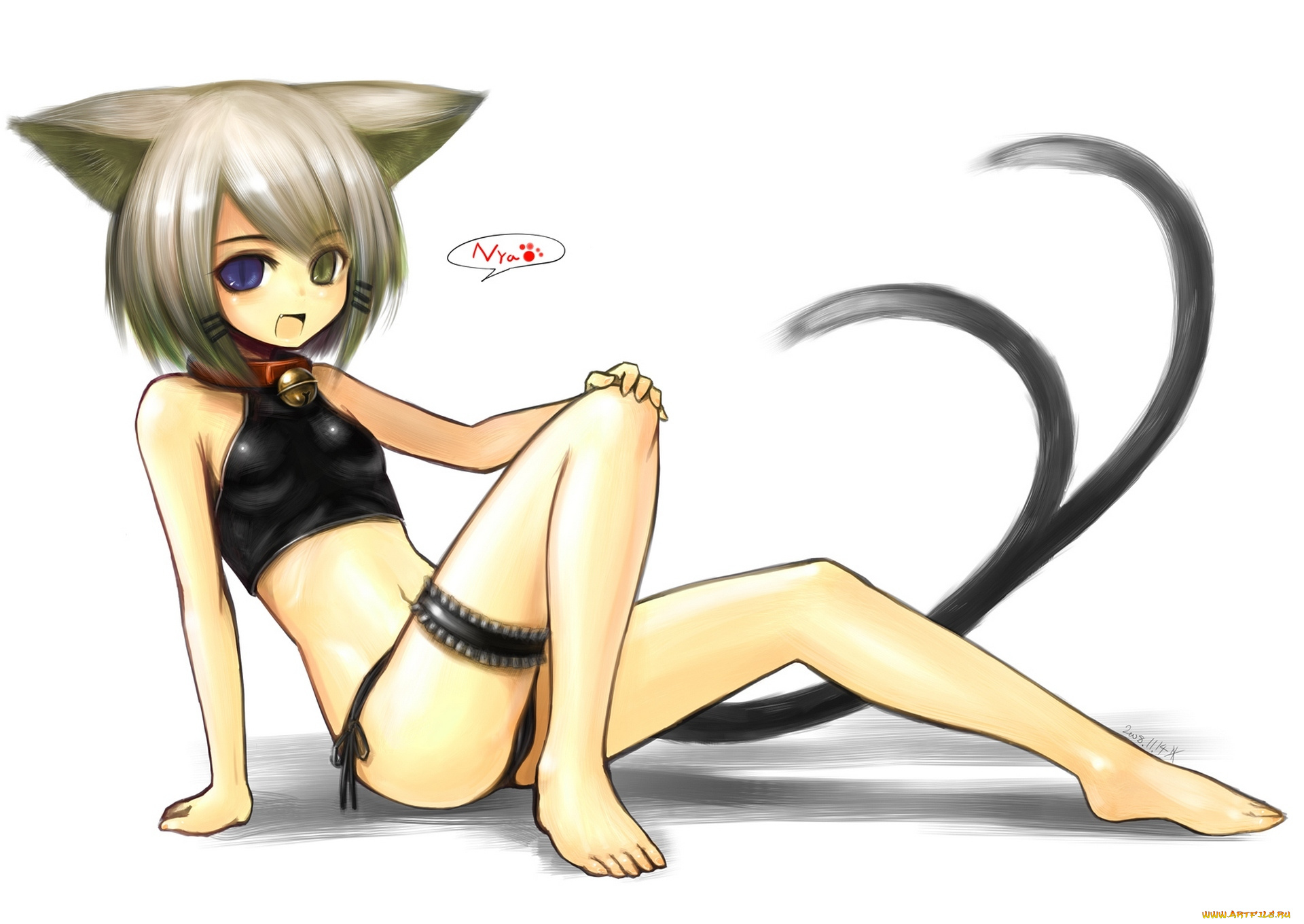 аниме, -animals, kotoba, noriaki, арт, ошейник, колокольчик, гетерохромия, хвосты, ушки, девушка