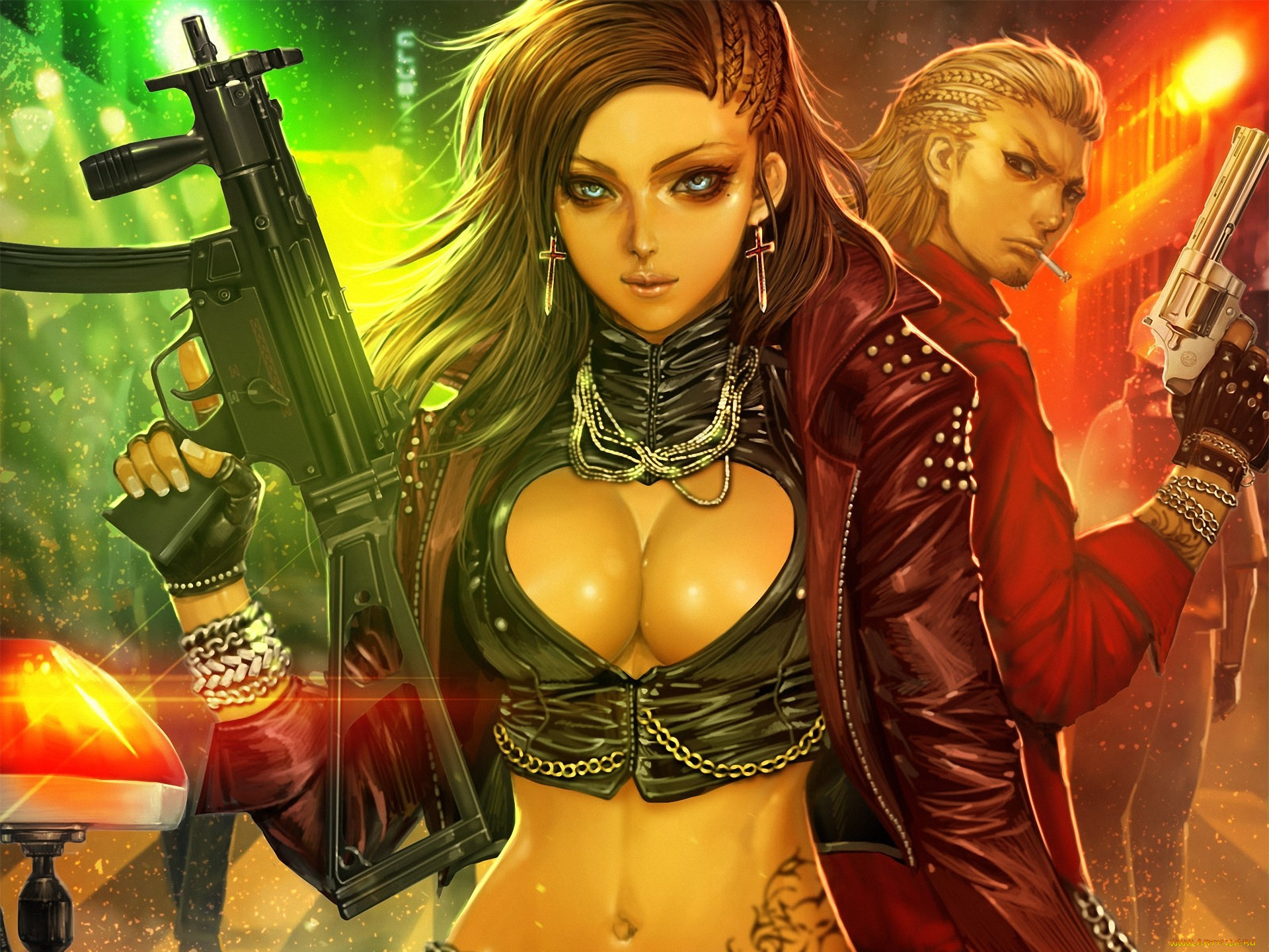 аниме, -weapon, , blood, &, technology, девушка, украшения, сигарета, огни, оружие, парень, крестики