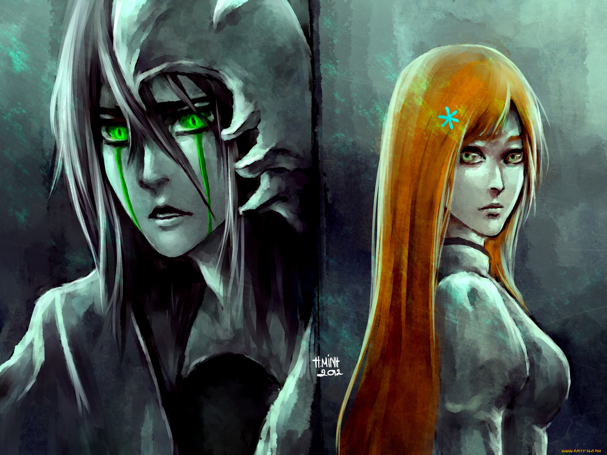 аниме, bleach, блич, эспада, взгляд, парень, inoue, orihime, ulquiorra, schiffer, девушка, art, nanfe