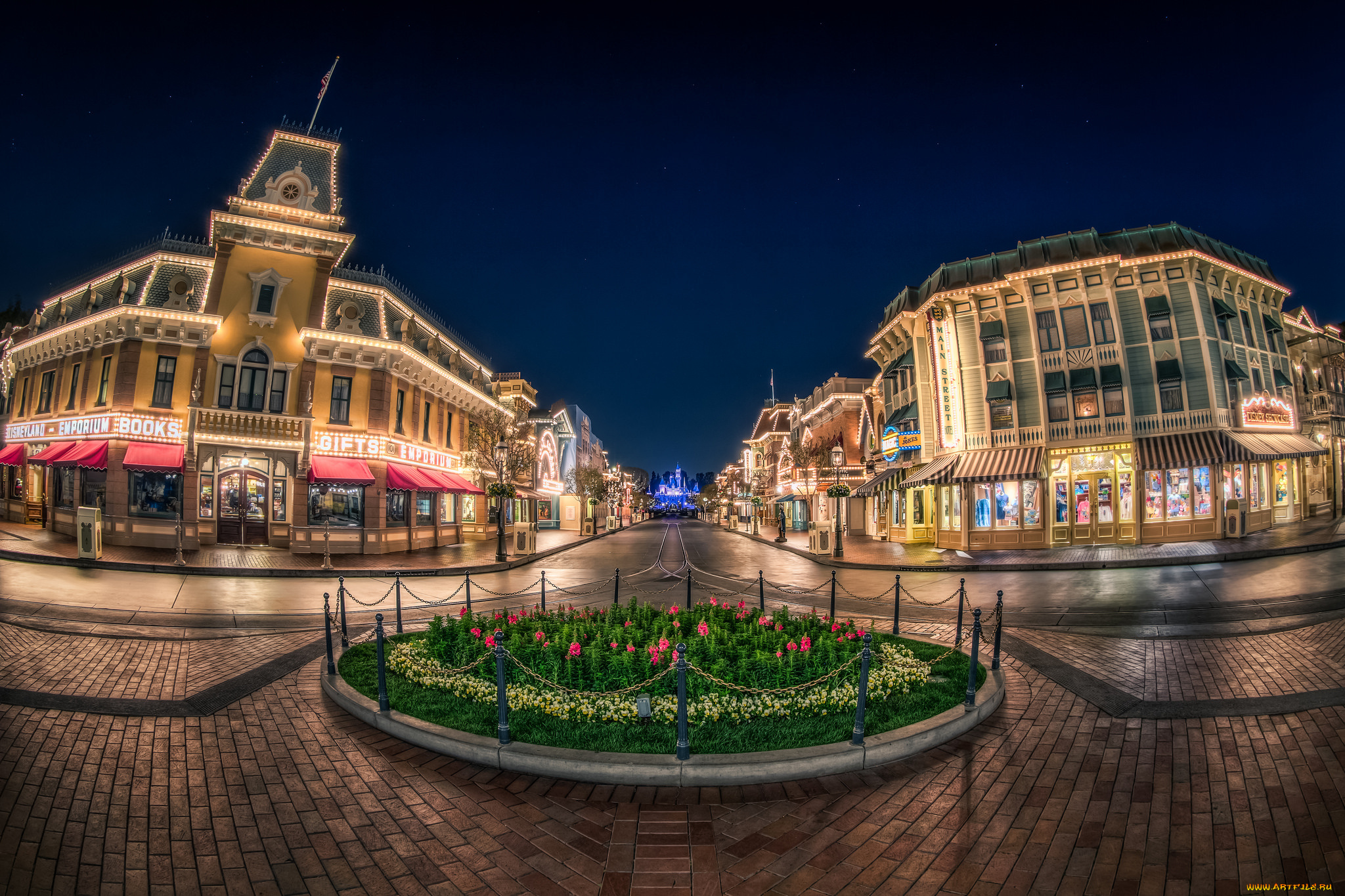 goodnight, main, street, города, диснейленд, огни, клумба, витрины, здания, улицы, ночь, площадь
