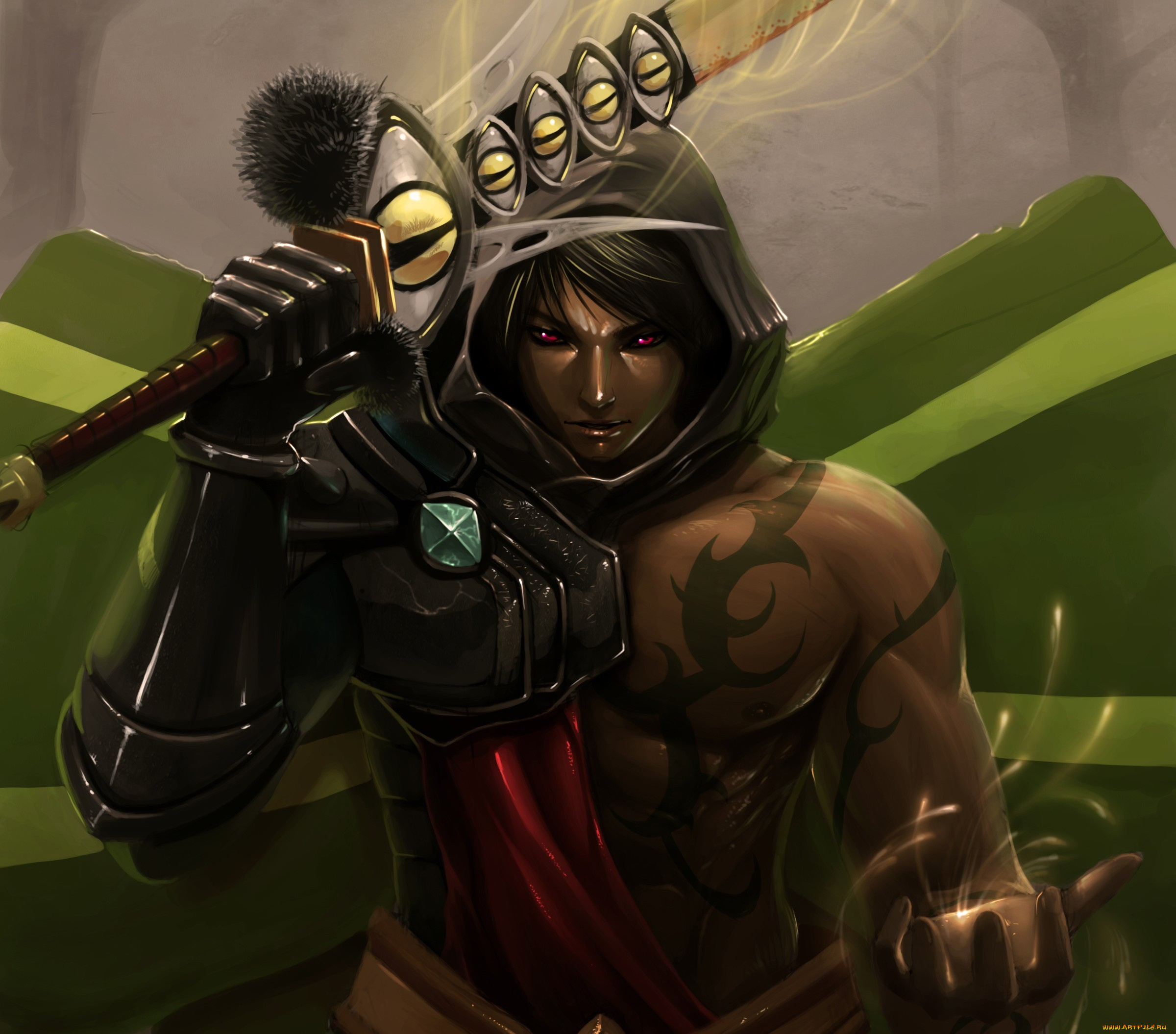 аниме, -weapon, , blood, &, technology, парень, меч, глаза, магия, капюшон, татуировки, тату