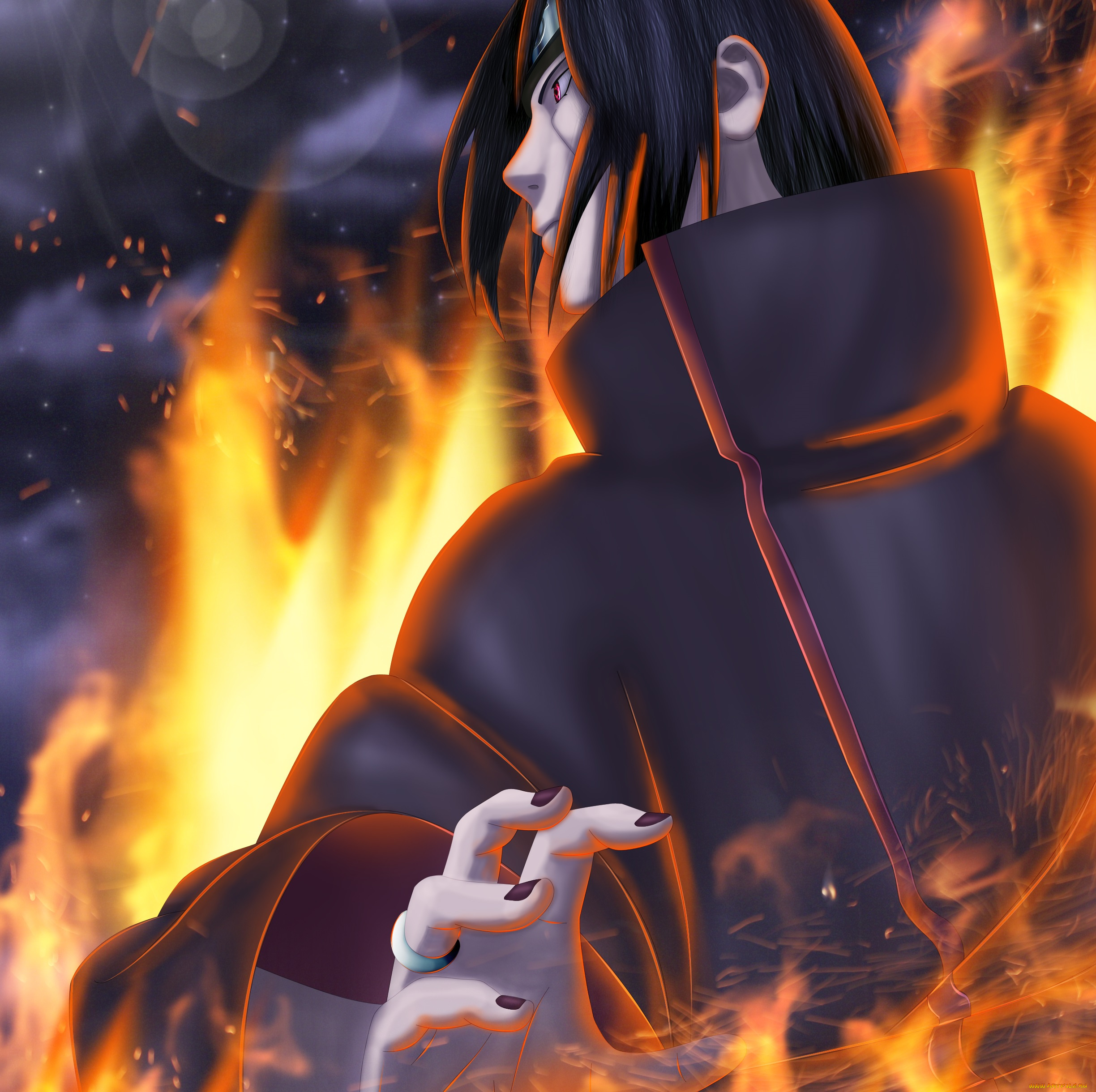 аниме, naruto, тучи, небо, парень, арт, рука, брюнет, чакра, искры, пламя, итачи, учиха, наруто, шиппуден