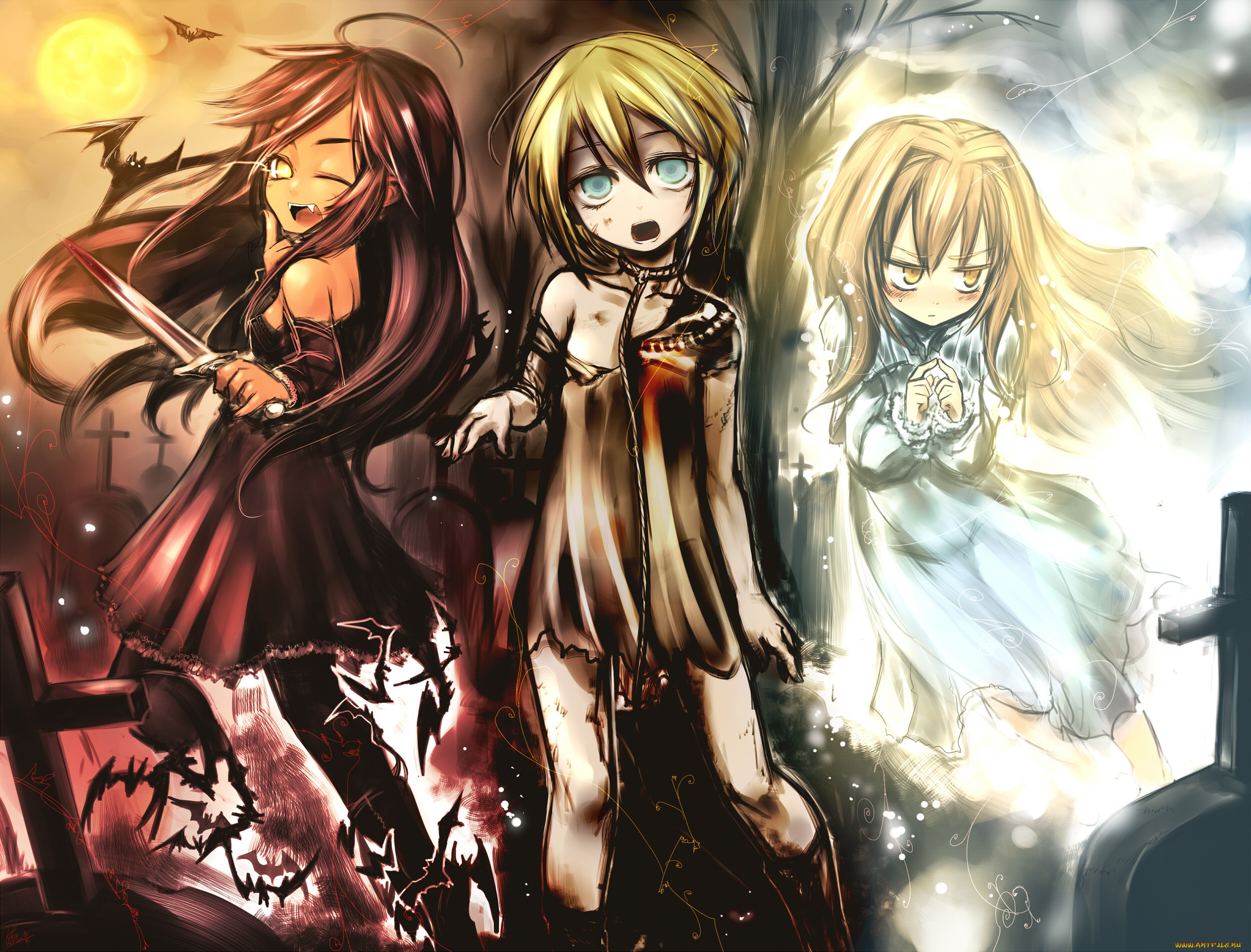 аниме, *unknown, , другое, kotoba, noriaki, арт, летучие, мыши, солнце, кресты, кровь, клыки, нож, веревка, девушки