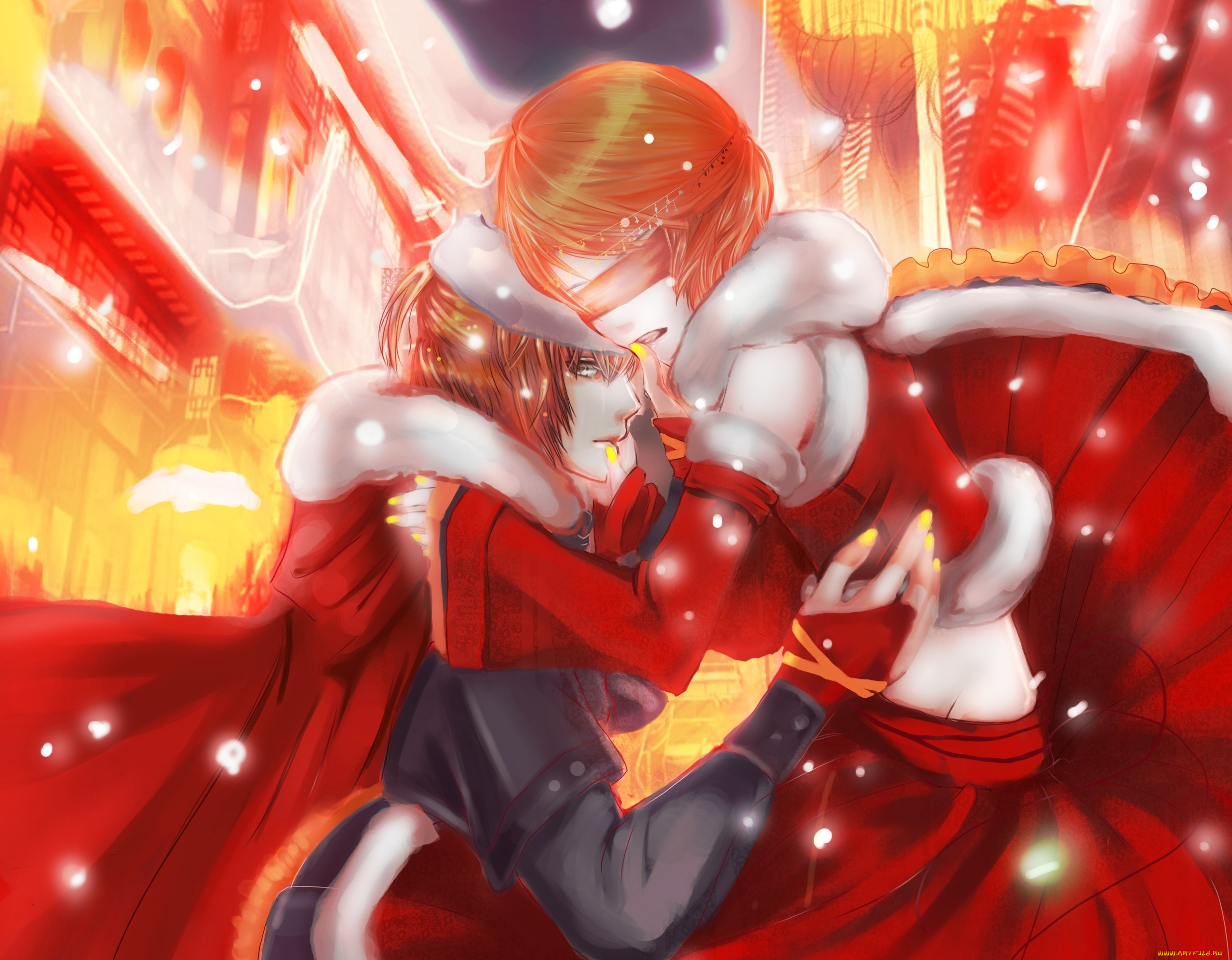 аниме, vocaloid, рождество, повязка, kagamine, len, rin, снег, парень, девушка, вокалоид, зима, праздник