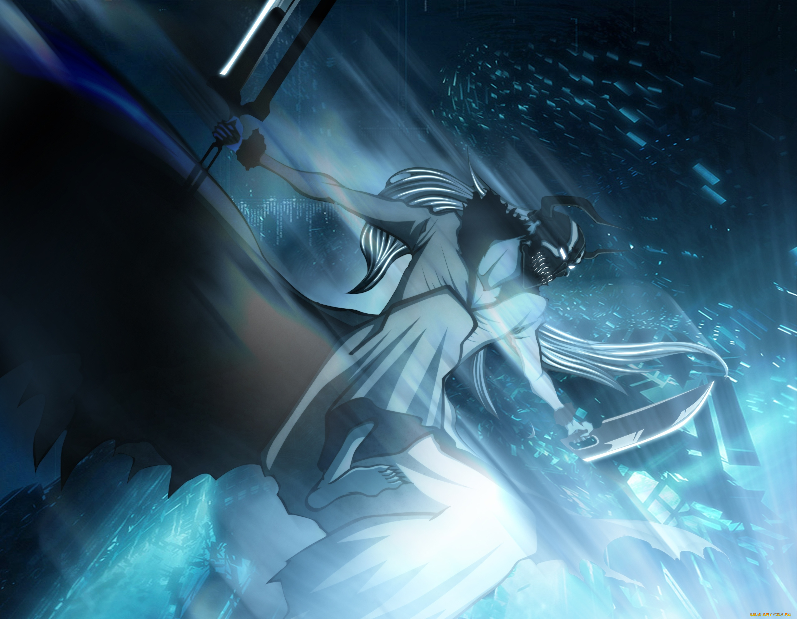 аниме, bleach, полет, маска, kurosaki, ichigo, парень, оружие, пустой, клинки, futuretabs, art, блич