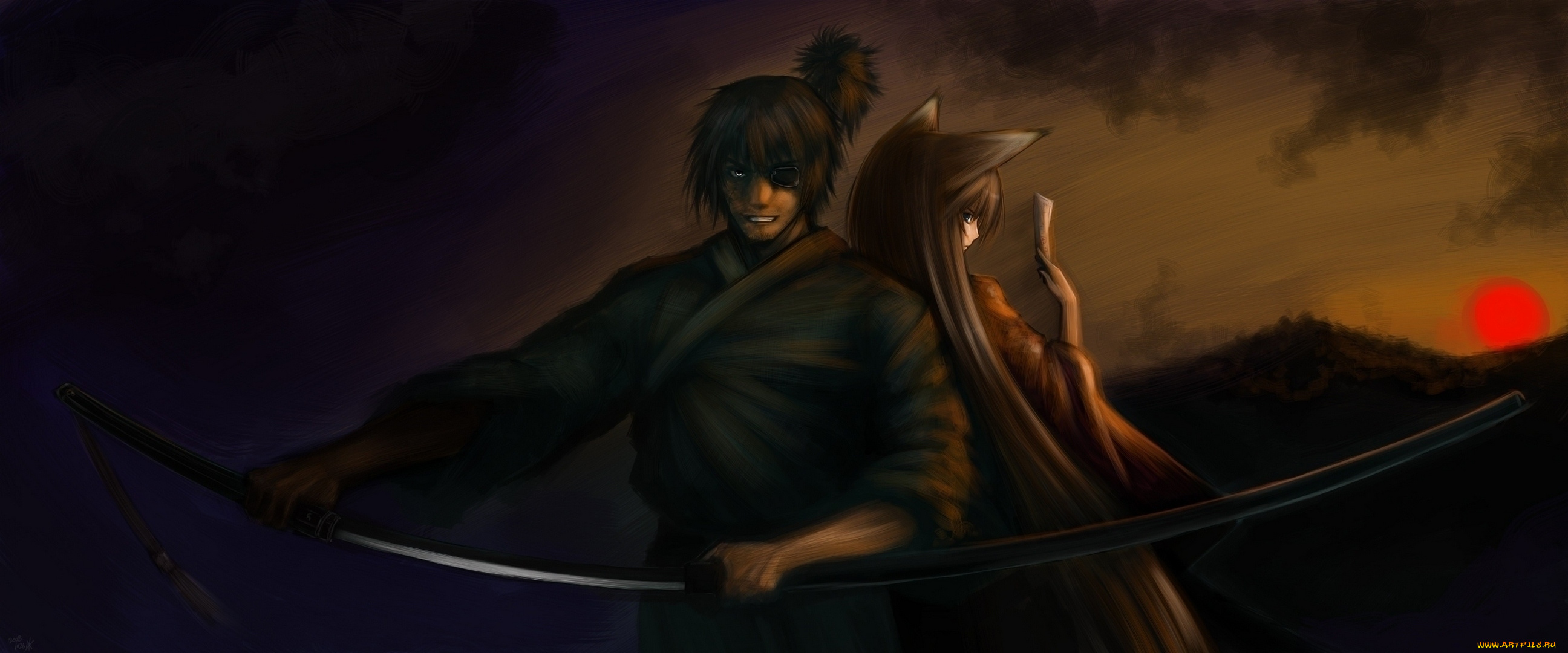 аниме, -weapon, , blood, &, technology, настрой, взгляд, уши, лис, меч, оружие, жест, закат, мужчина