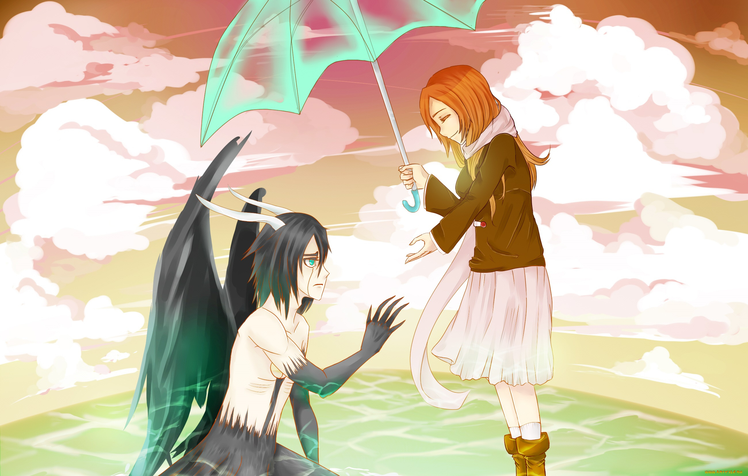 аниме, bleach, вода, аранкар, иноуэ, орихиме, арт, улькиорра, шиффер, девушка, персонажи, блич, парень, зонт