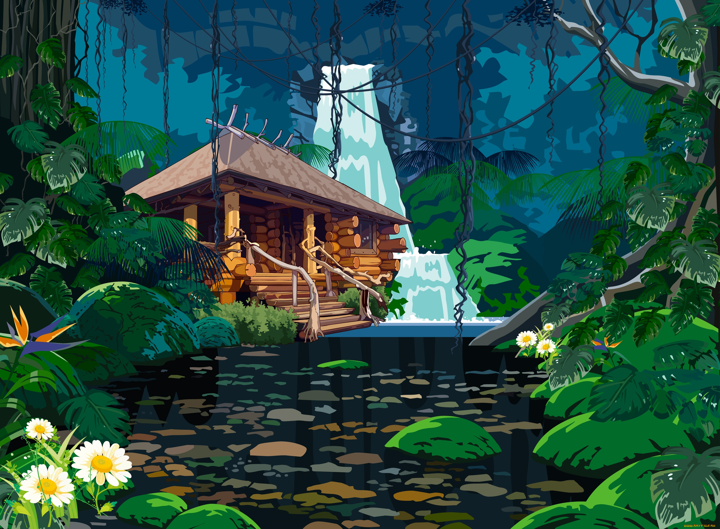 векторная, графика, цветы, водопад, дом, лестница, деревья, листья, джунгли