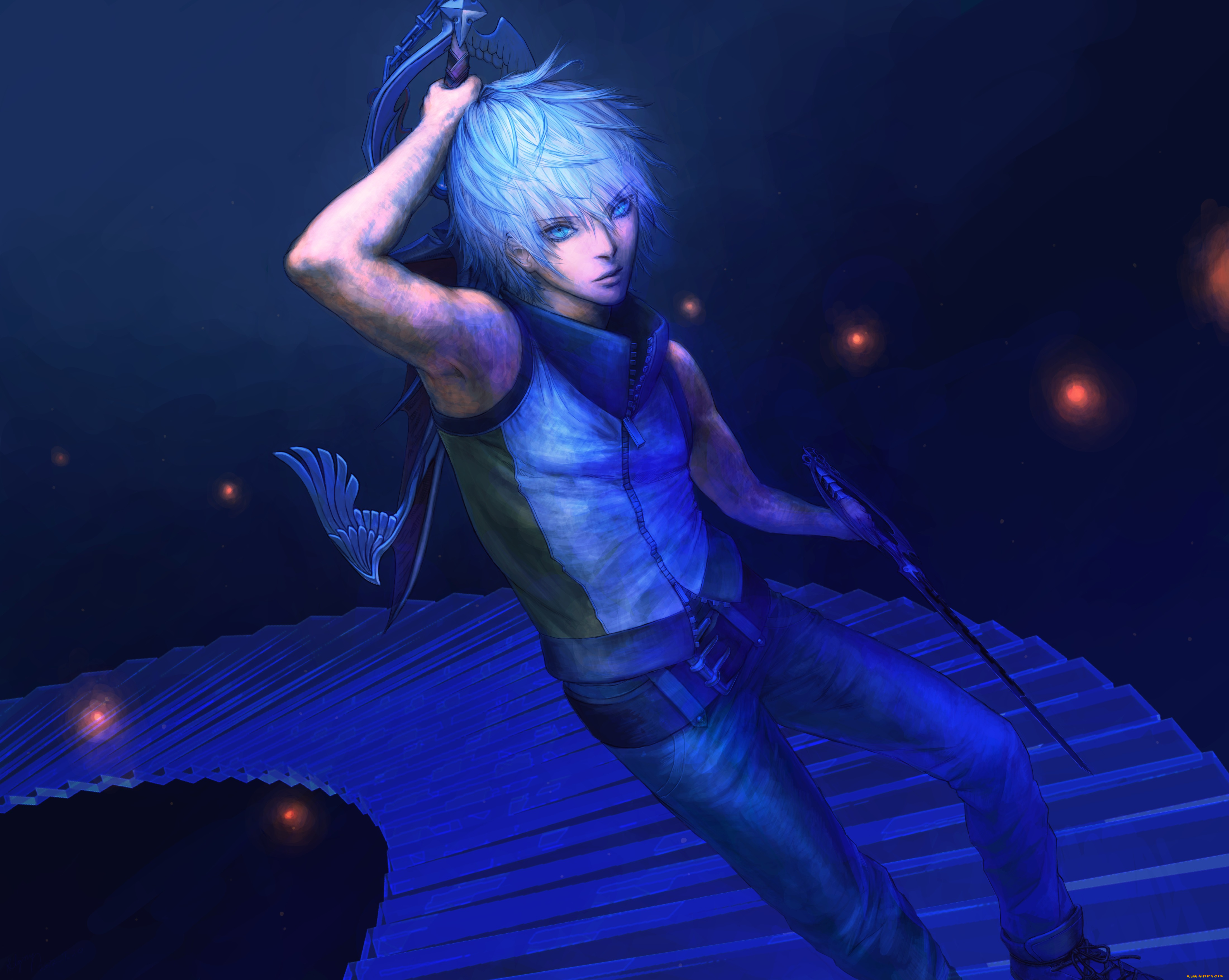 аниме, kingdom, hearts, art, взгляд, kingdom, hearts, riku, лестница, оружие, парень, slaygun