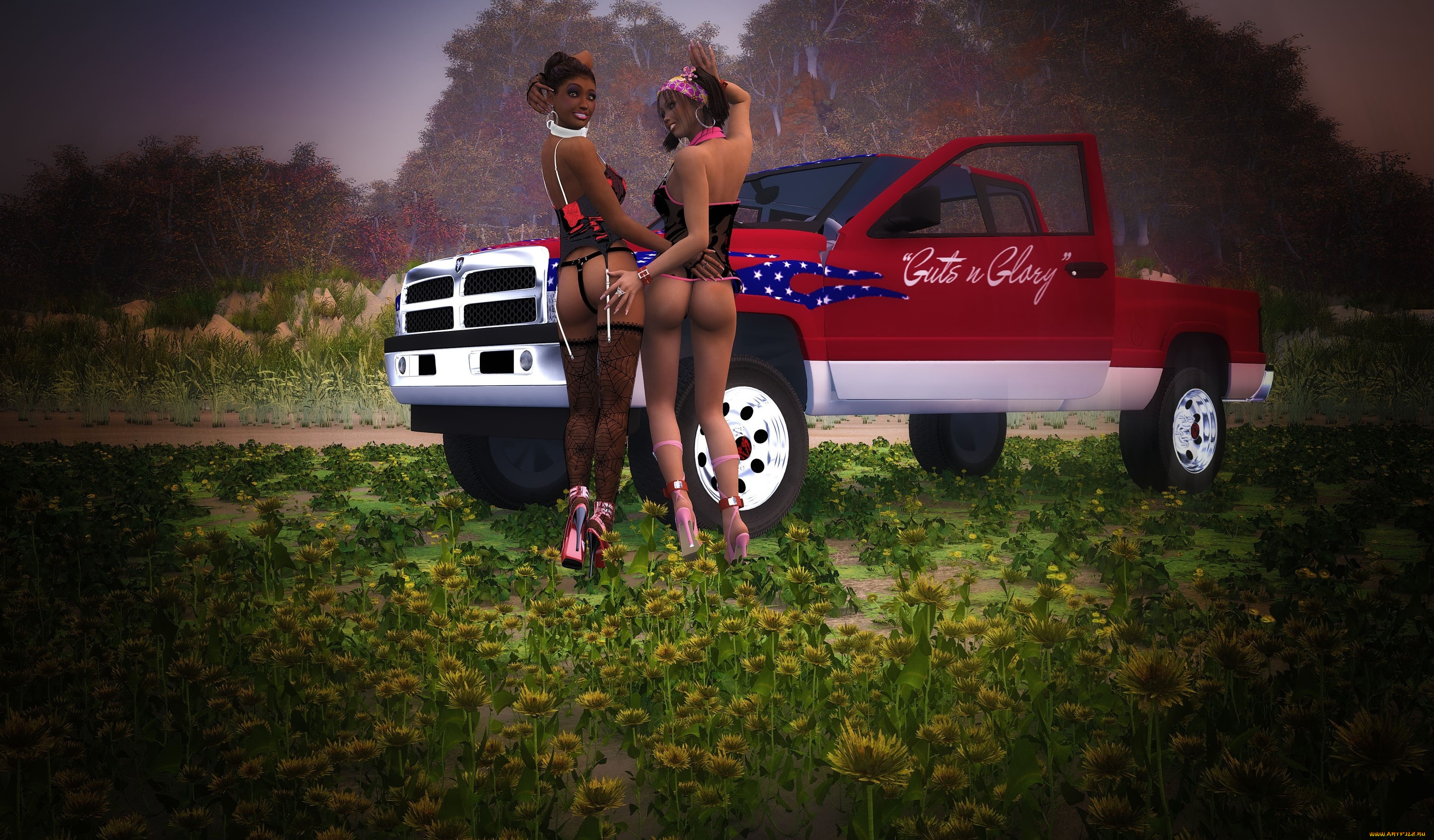 автомобили, 3d, car&girl, цветы, автомобиль, фон, взгляд, девушки