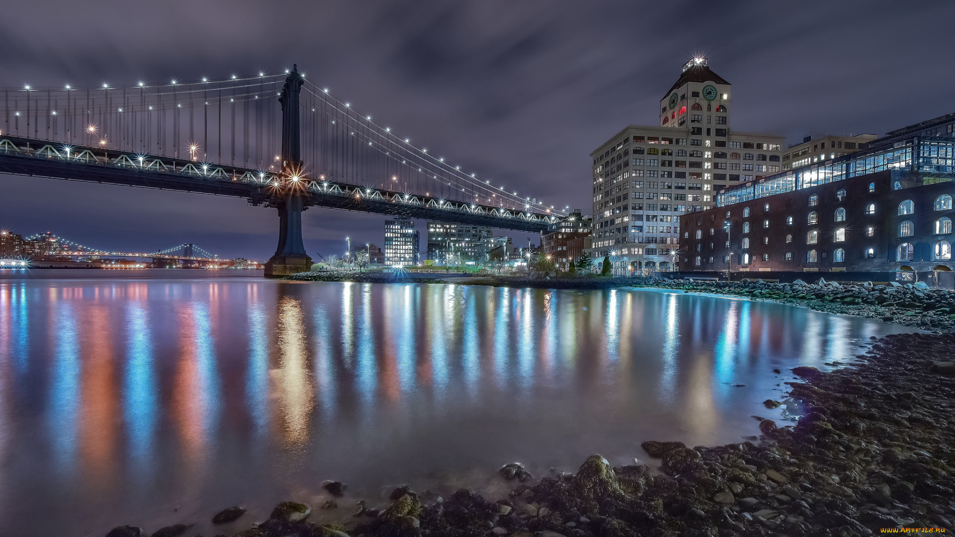 brooklyn, города, нью-йорк, , сша, мост, огни, ночь