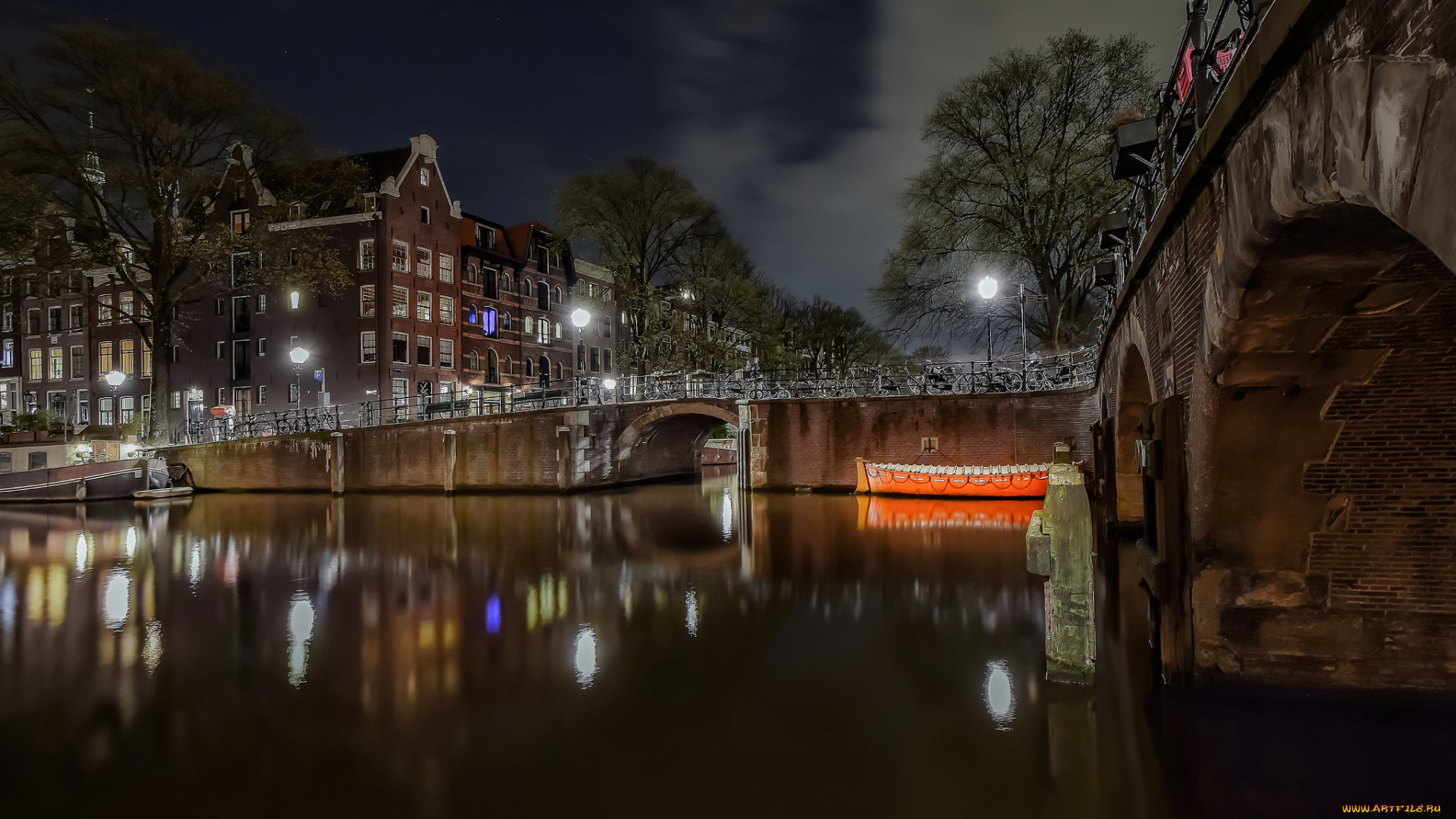 города, -, огни, ночного, города, мост, ночь, огни