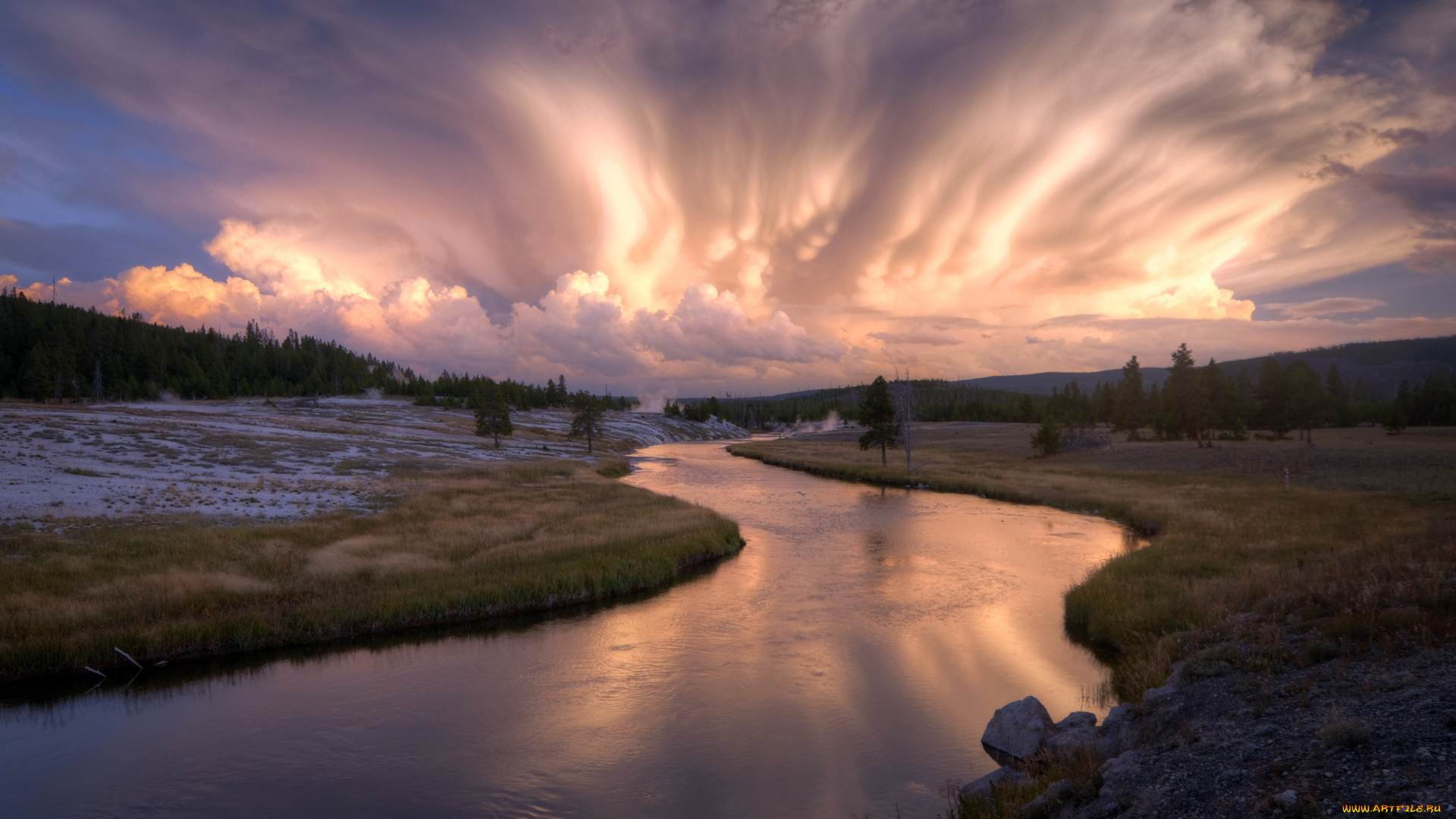 природа, реки, озера, пейзаж, вечер, небо, поле, река