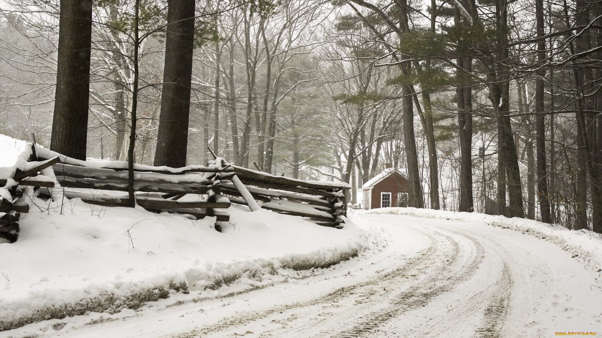 природа, зима, дом, лес, дорога