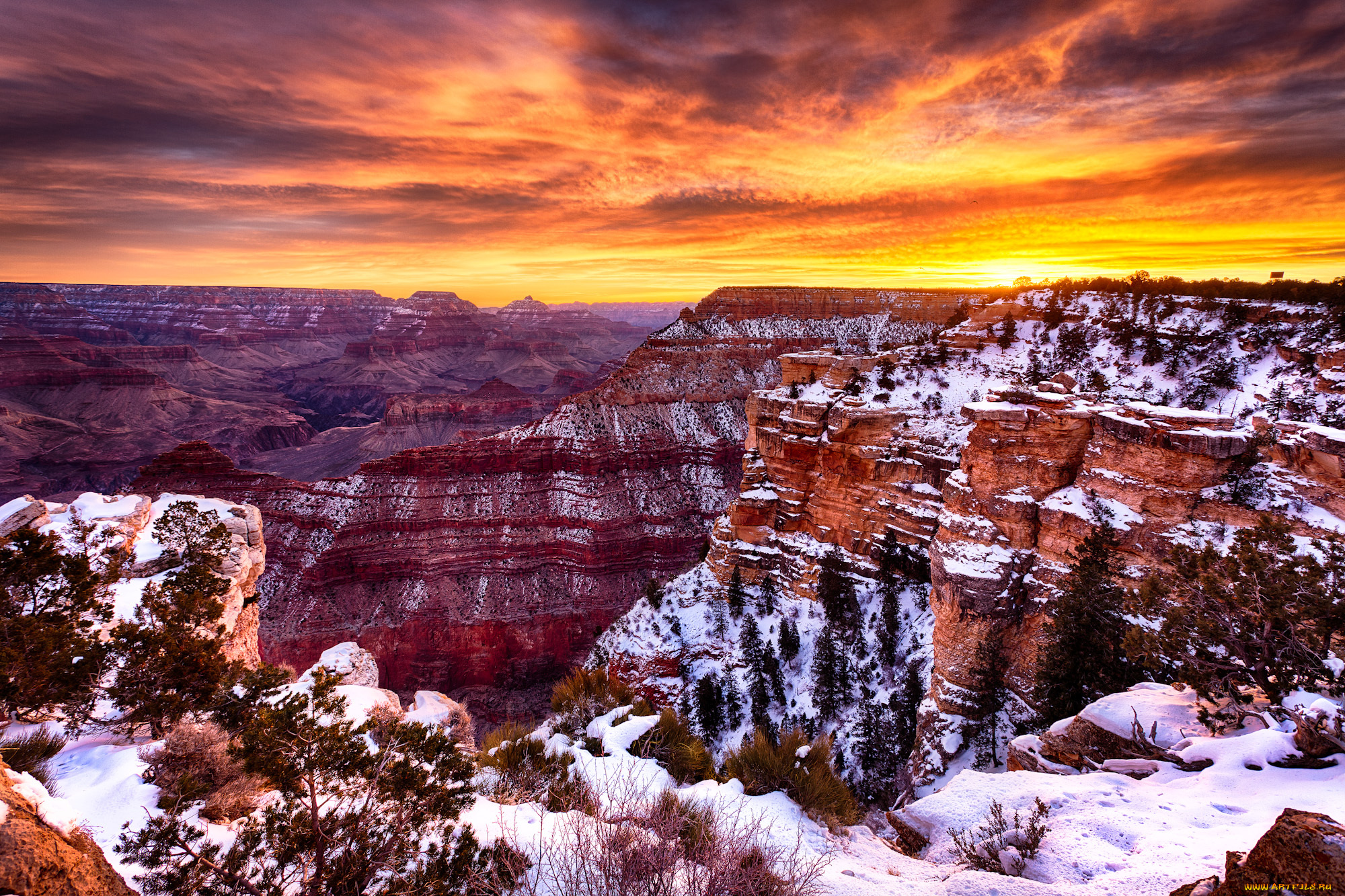 природа, горы, аризона, сша, grand, canyon, снег, закат, облака, небо, каньон