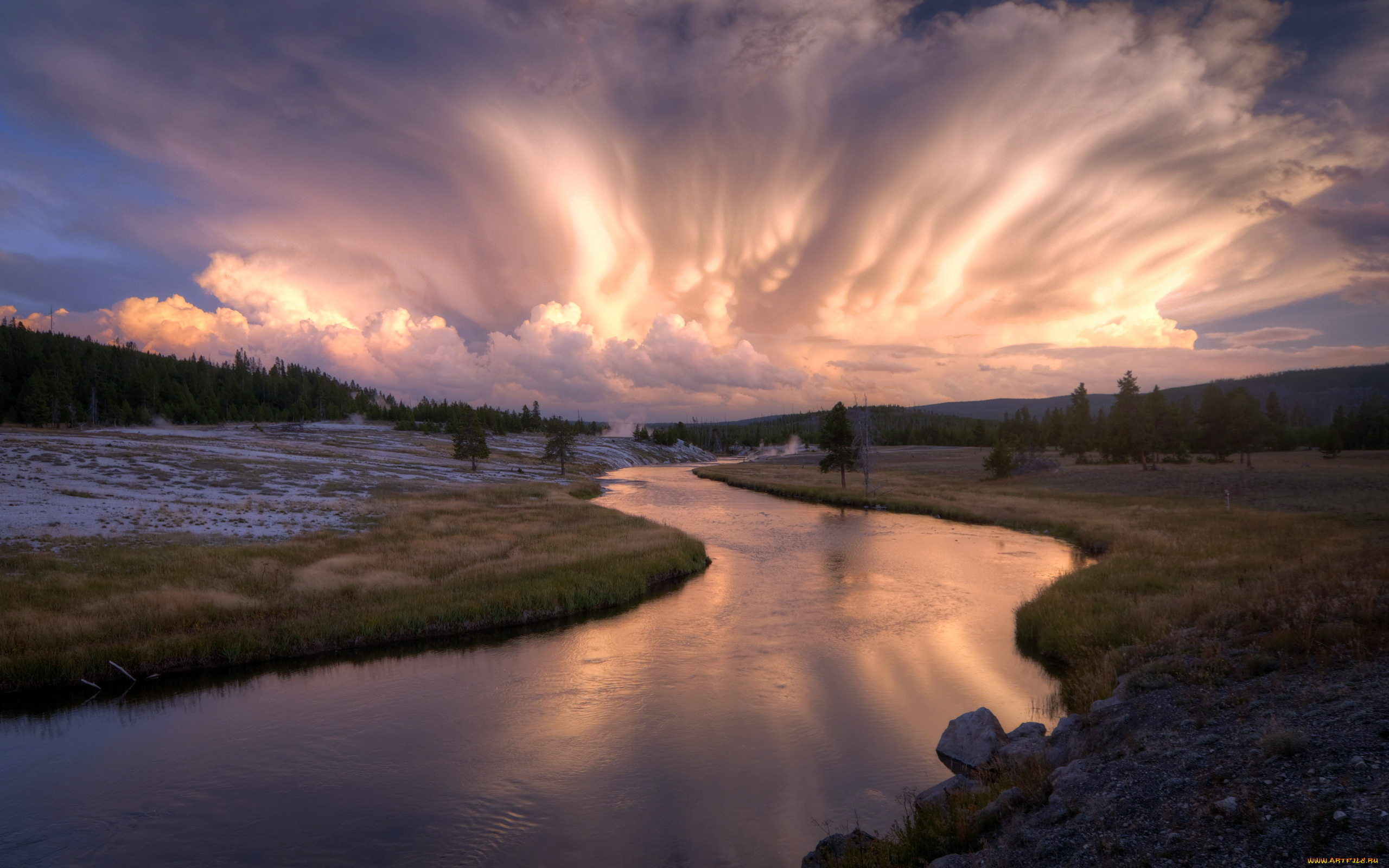 природа, реки, озера, пейзаж, вечер, небо, поле, река