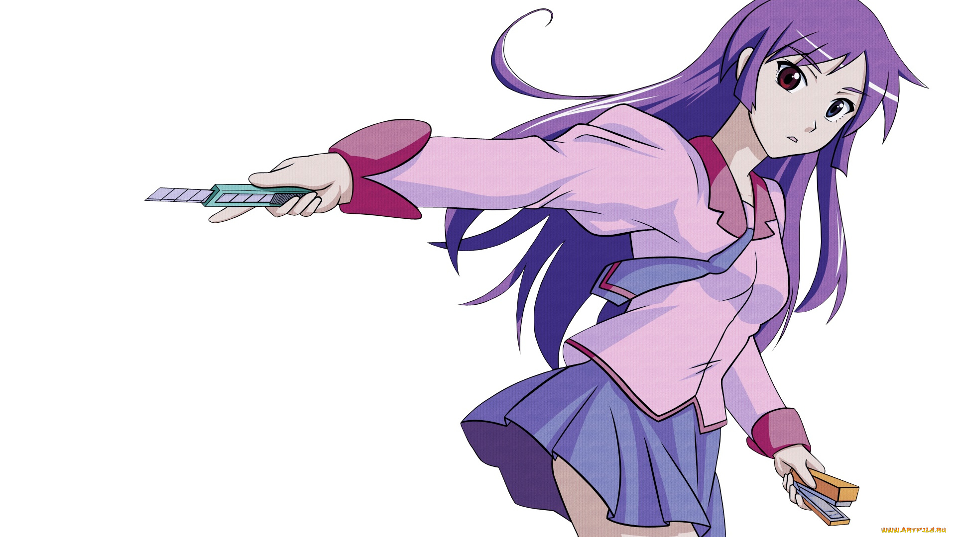 аниме, bakemonogatari, девушка, взгляд, фон