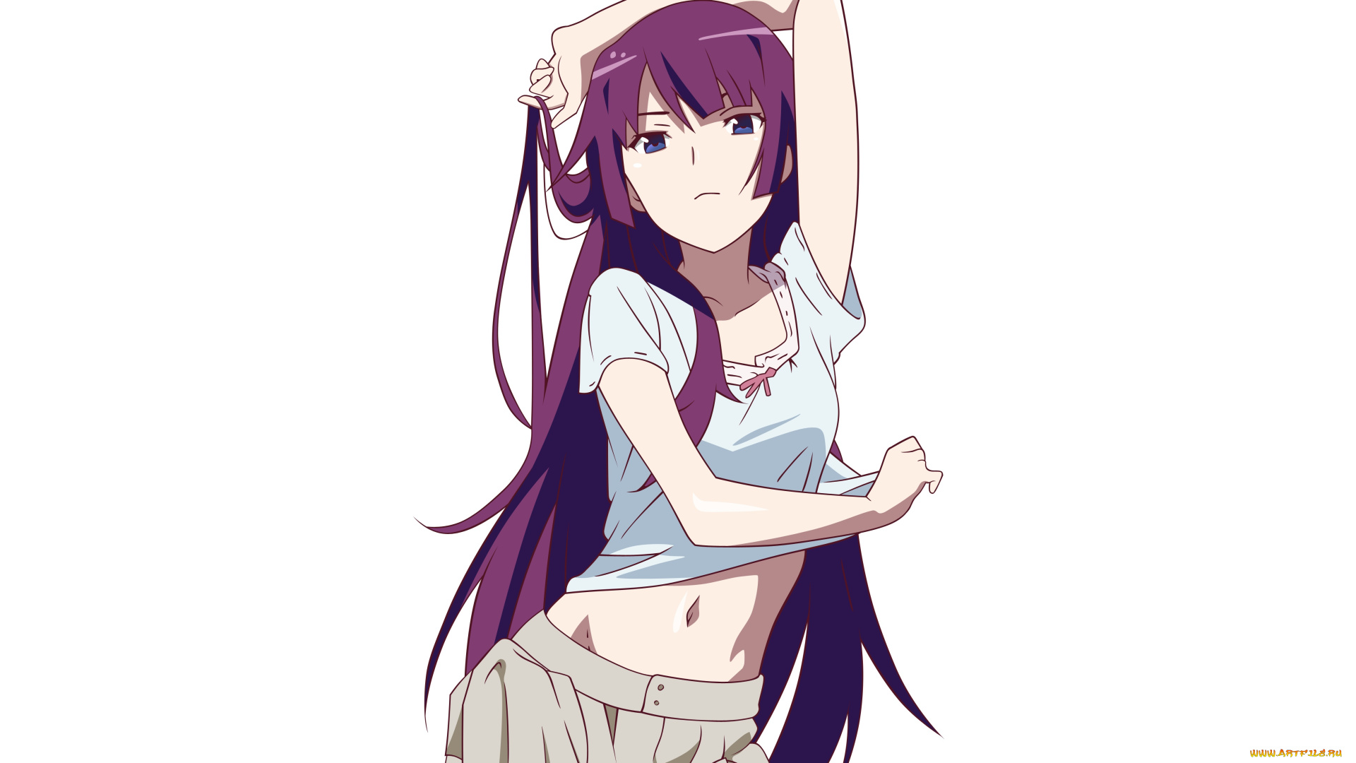 аниме, bakemonogatari, девушка, взгляд, фон