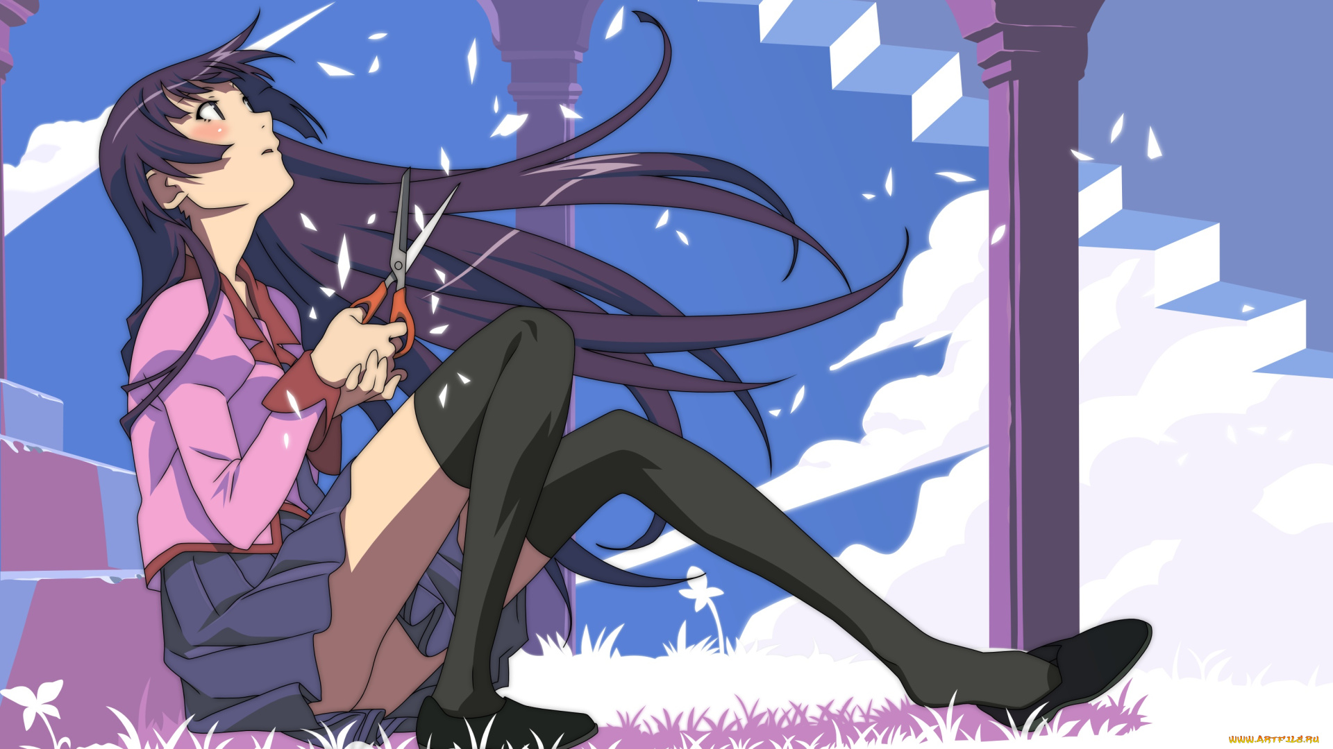 аниме, bakemonogatari, девушка, взгляд, фон