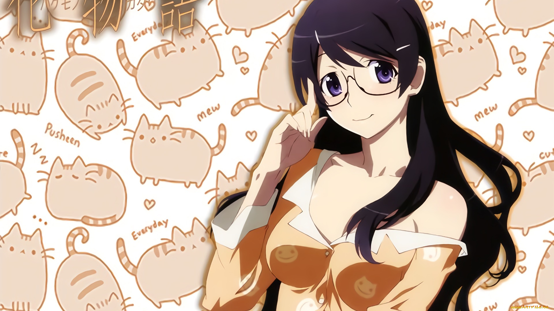 аниме, bakemonogatari, девушка, взгляд, фон