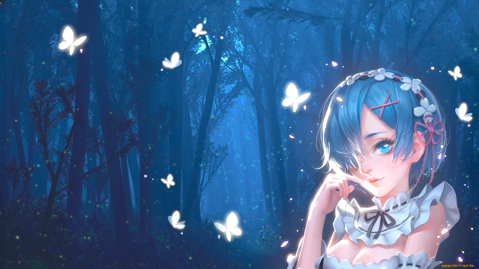 аниме, re, , zero, kara, hajimeru, isekai, seikatsu, лес, девушка, ночь, бабочка, арт