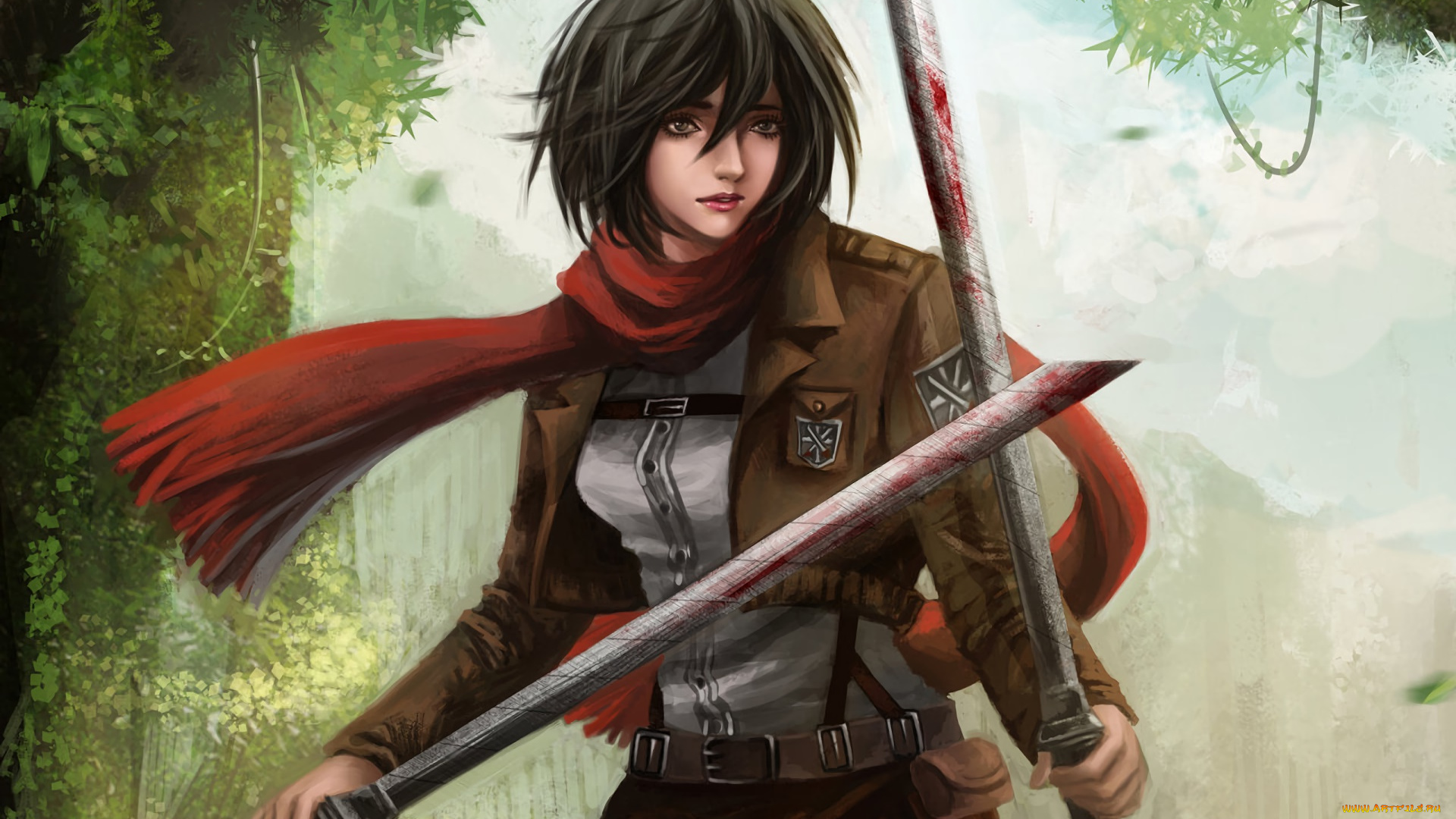 аниме, shingeki, no, kyojin, фон, взгляд, девушка