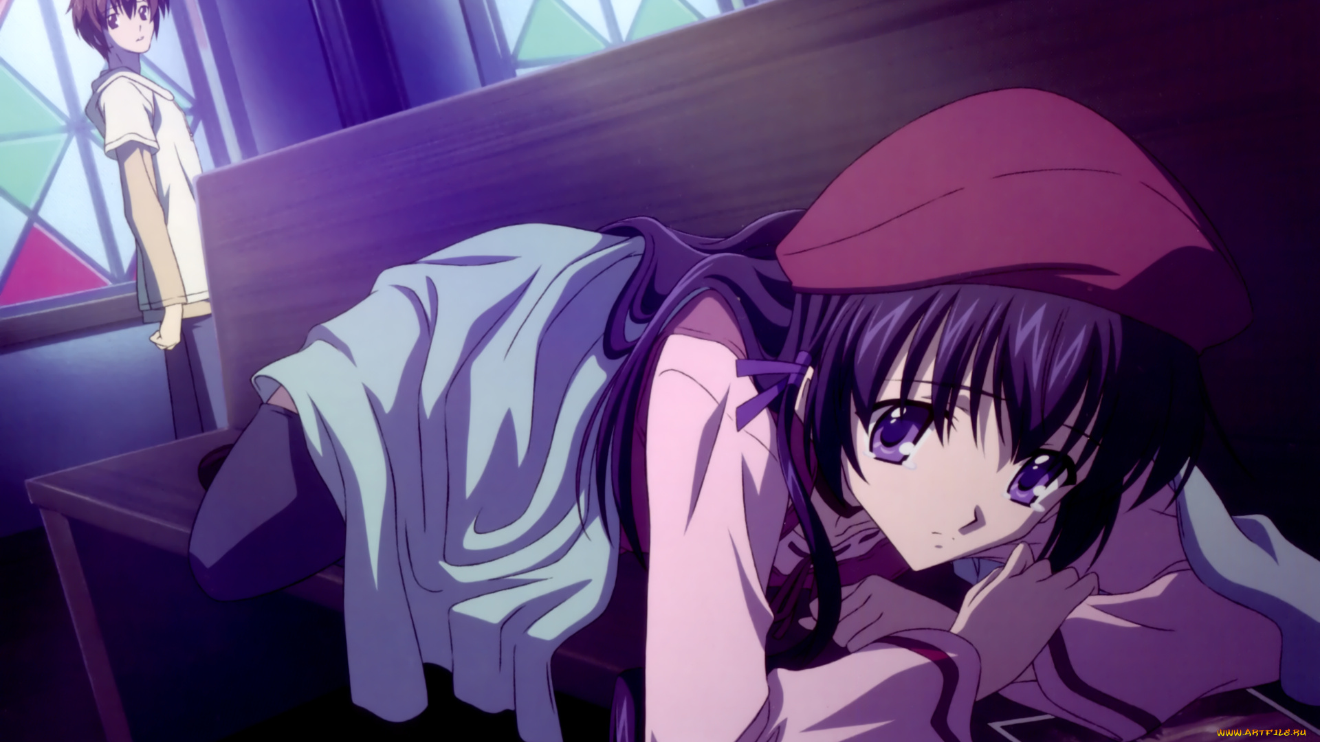 аниме, sola, скамейка, парень, девушка, берет, витражи, окна