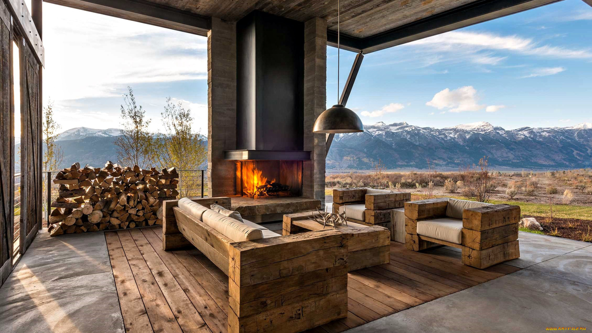 интерьер, веранды, , террасы, , балконы, горы, пейзаж, дрова, камин