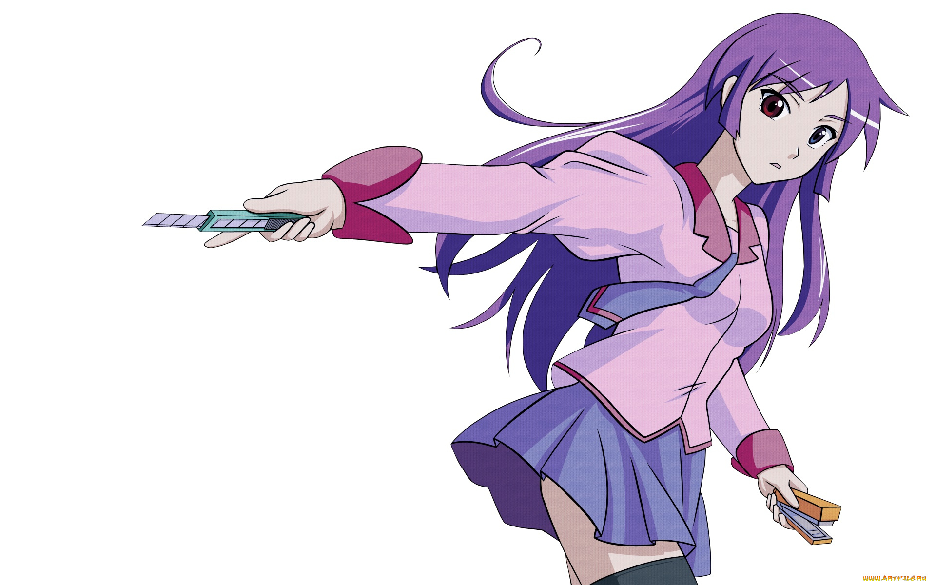 аниме, bakemonogatari, девушка, взгляд, фон