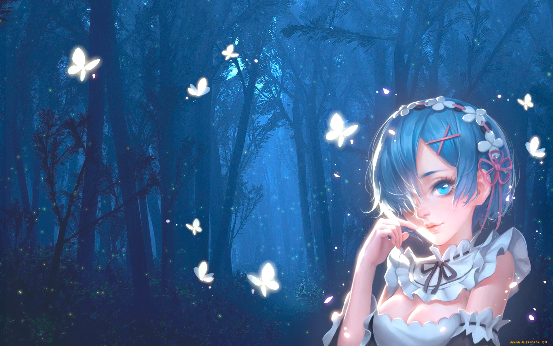 аниме, re, , zero, kara, hajimeru, isekai, seikatsu, лес, девушка, ночь, бабочка, арт
