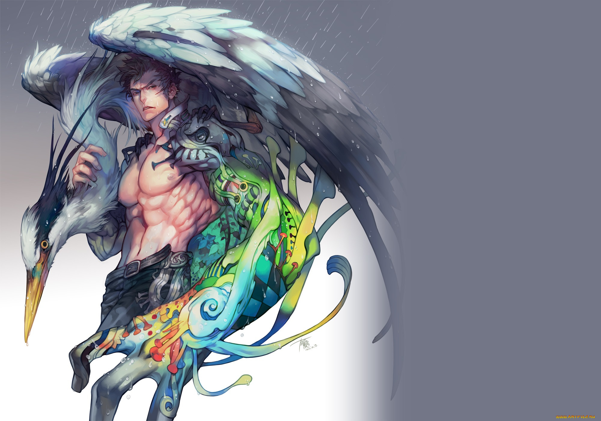 аниме, животные, , существа, парень, цапля