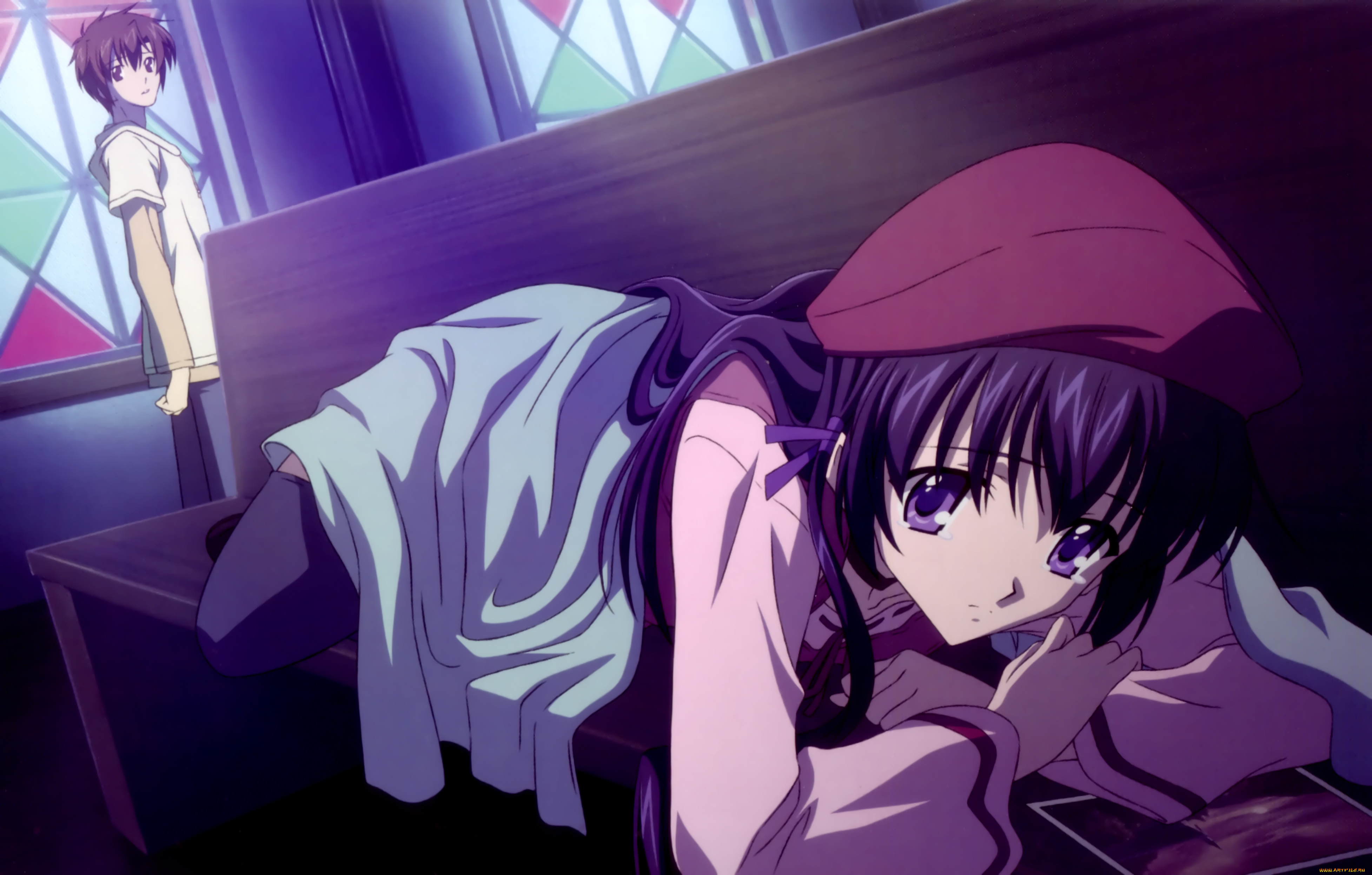 аниме, sola, скамейка, парень, девушка, берет, витражи, окна