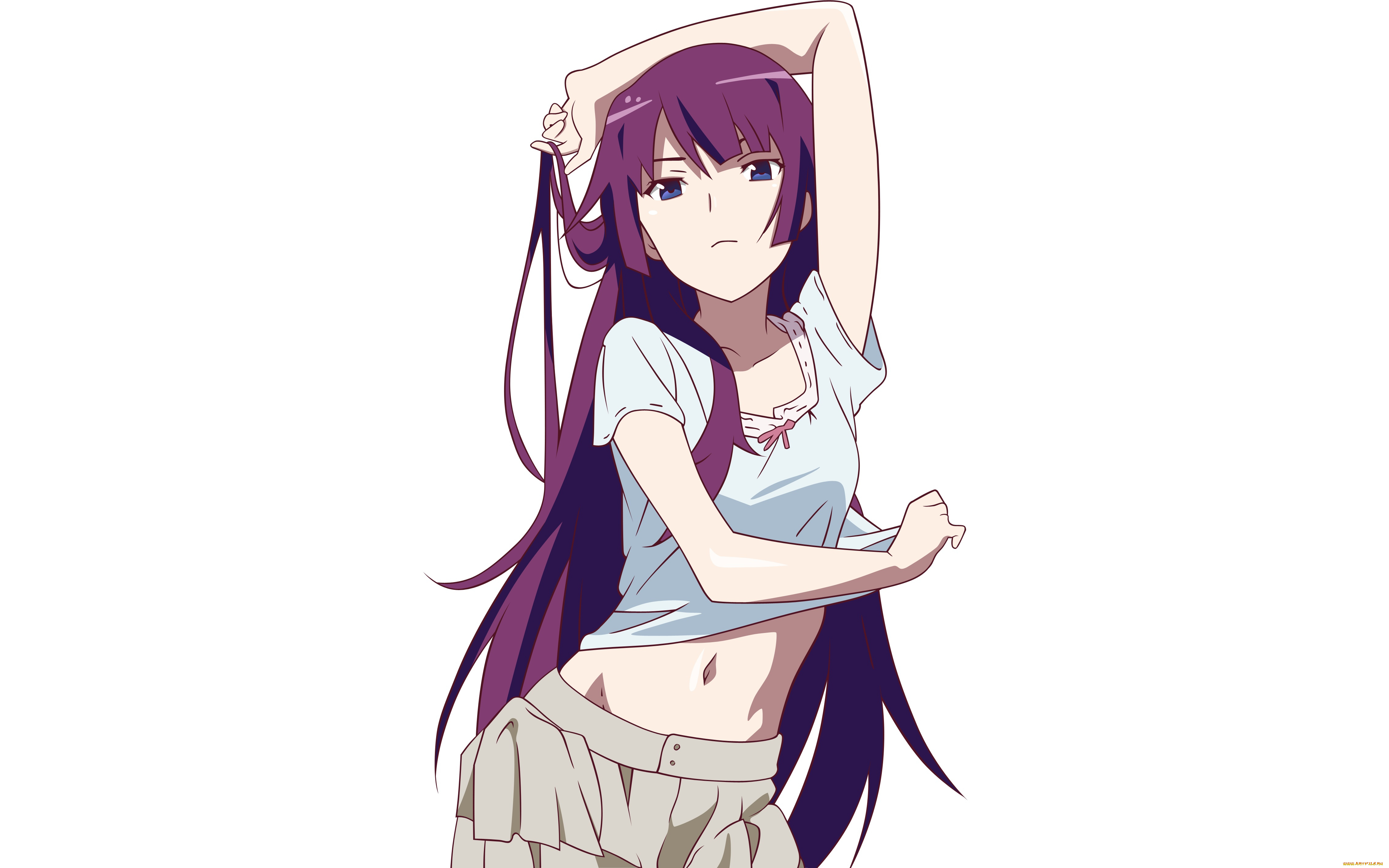 аниме, bakemonogatari, девушка, взгляд, фон