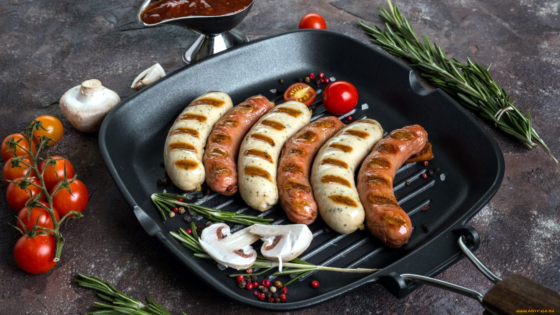 еда, колбасные, изделия, розмарин, колбаски, помидоры, грибы, томаты