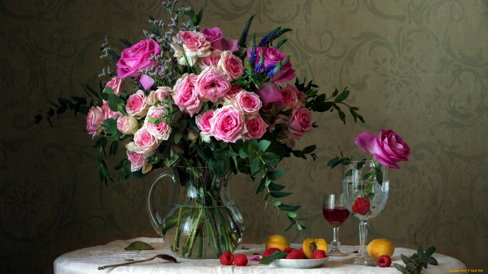 еда, натюрморт, малина, вино, букет, розы, персик