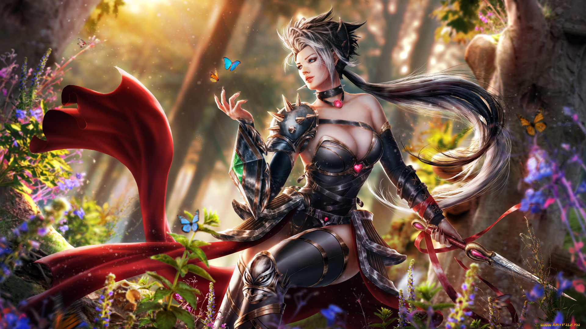фэнтези, девушки, adalia, волосы, нож, девушка, бабочки, лес, грудь, эльф, платье