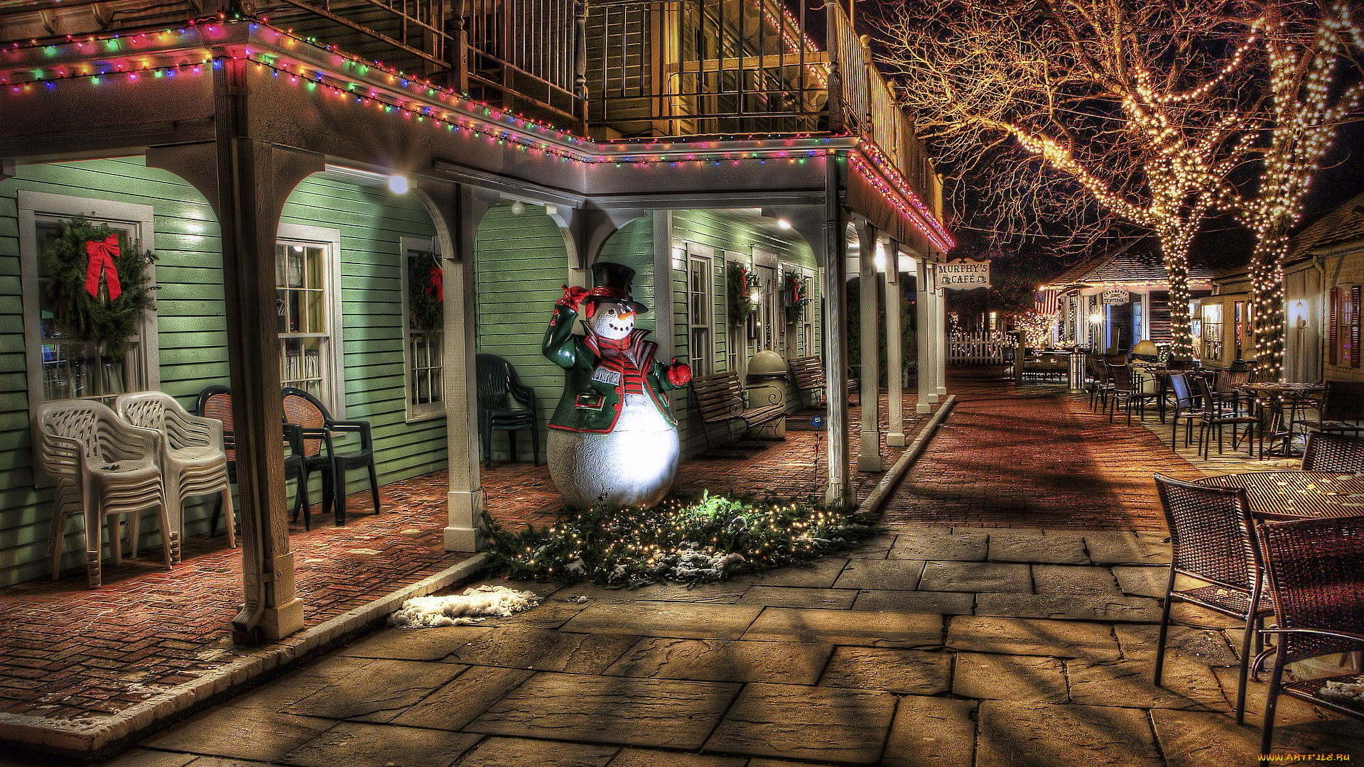 города, -, огни, ночного, города, город, снеговик