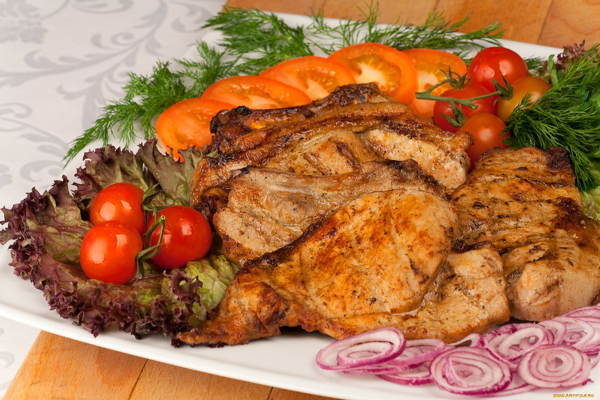 еда, мясные, блюда, помидоры, зелень, лук, томаты, шашлык