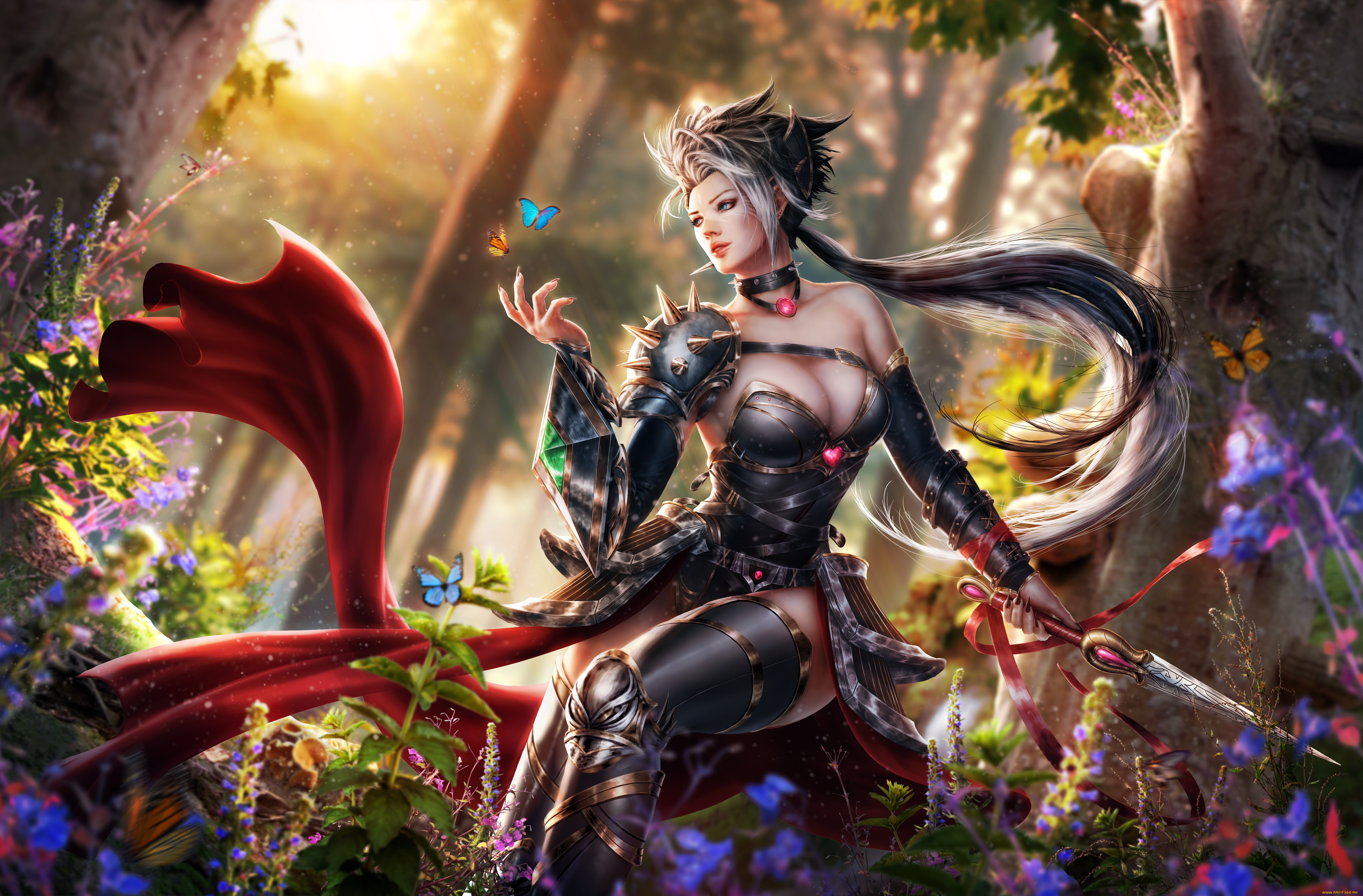 фэнтези, девушки, adalia, волосы, нож, девушка, бабочки, лес, грудь, эльф, платье