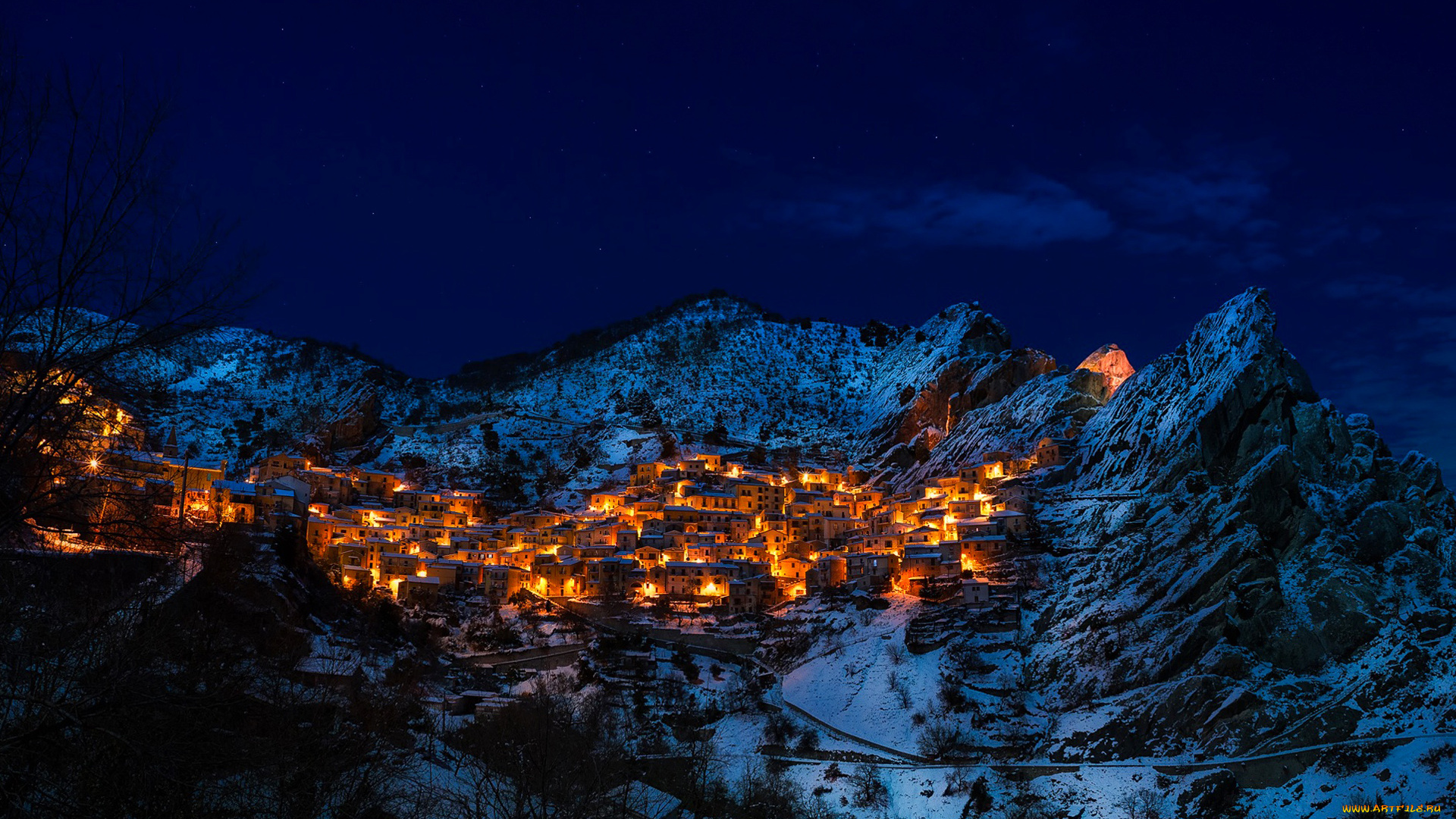 castelmezzano, italy, города, -, огни, ночного, города