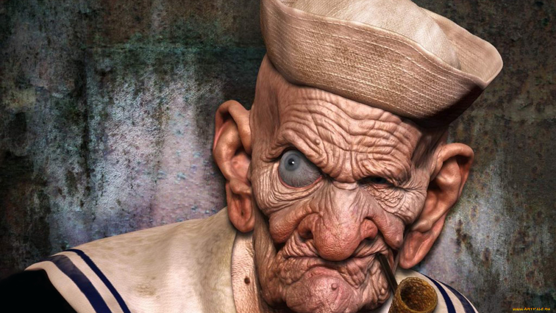 фэнтези, люди, моряк, папай, трубка, старик, старость, матрос, морщины, лицо, портрет, арт