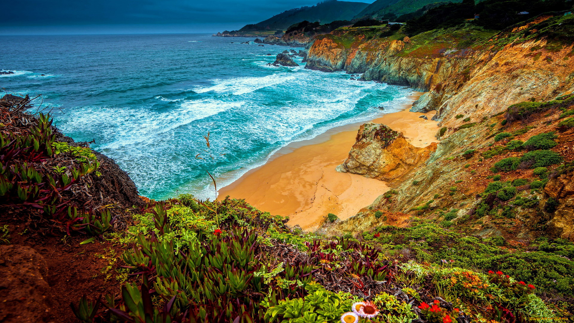 природа, побережье, море, пляж, горы