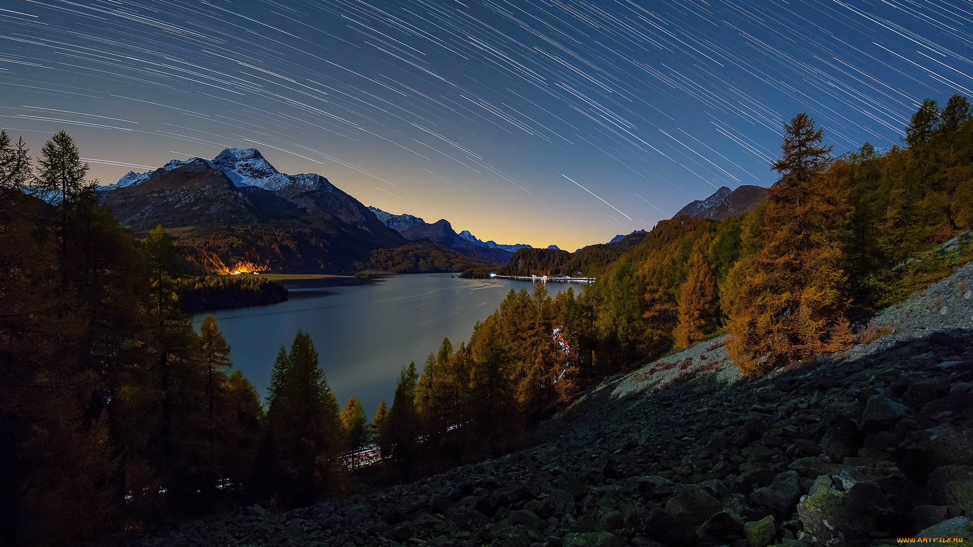 природа, реки, озера, горы, река, звездопад